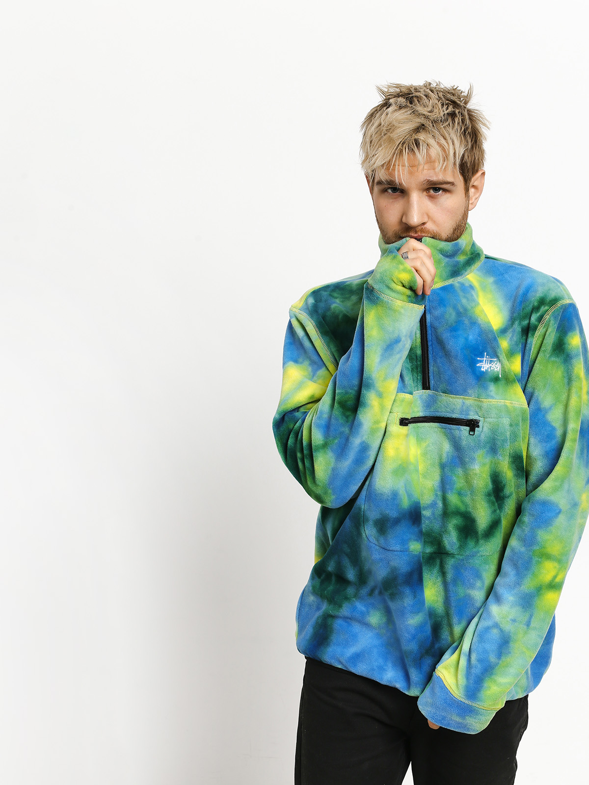 Mens Stussy Fleece Mock Neck Fleece (tie dye)