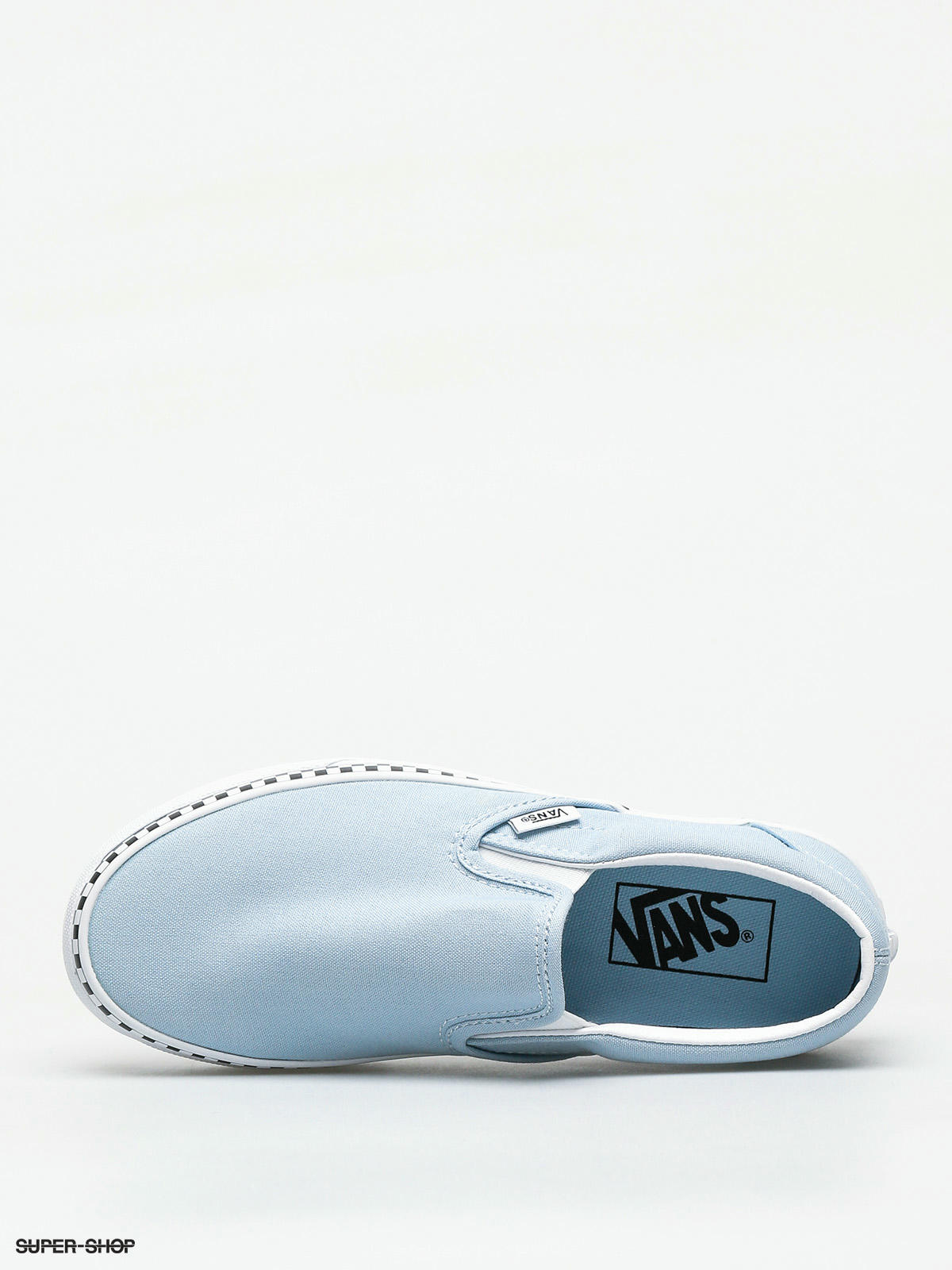 Light blue vans slip ons best sale check foxing