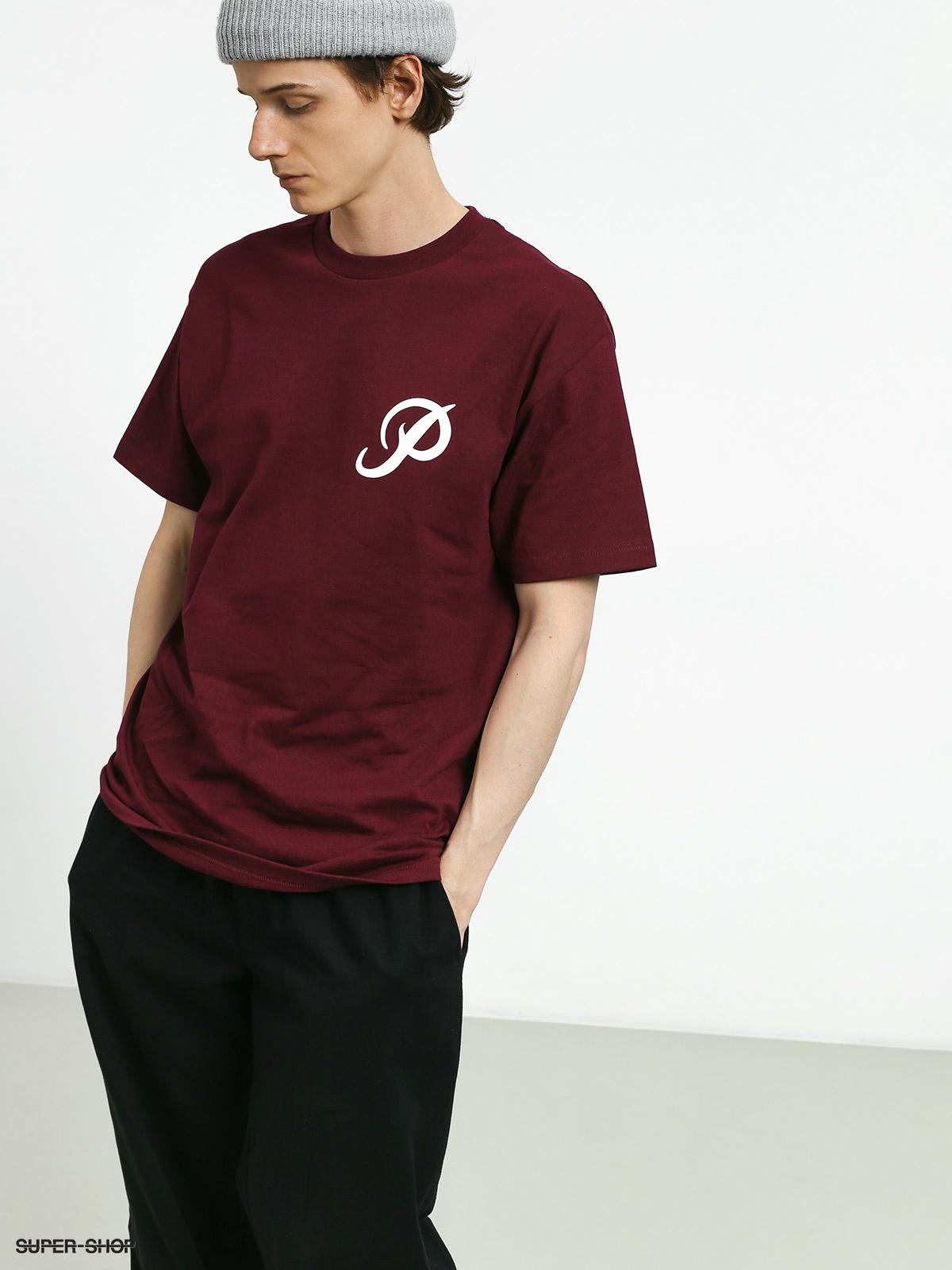 maroon and white shirt