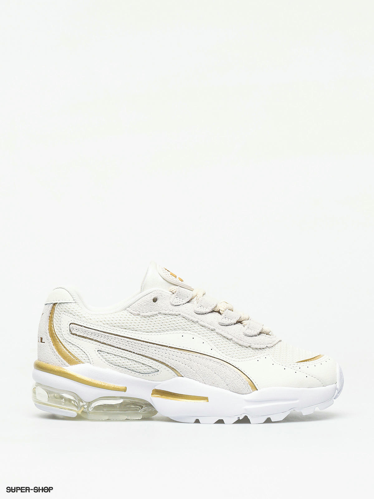white puma shoes with gold
