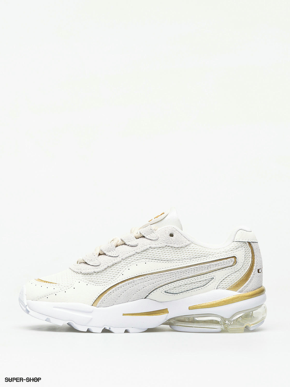 white puma shoes with gold