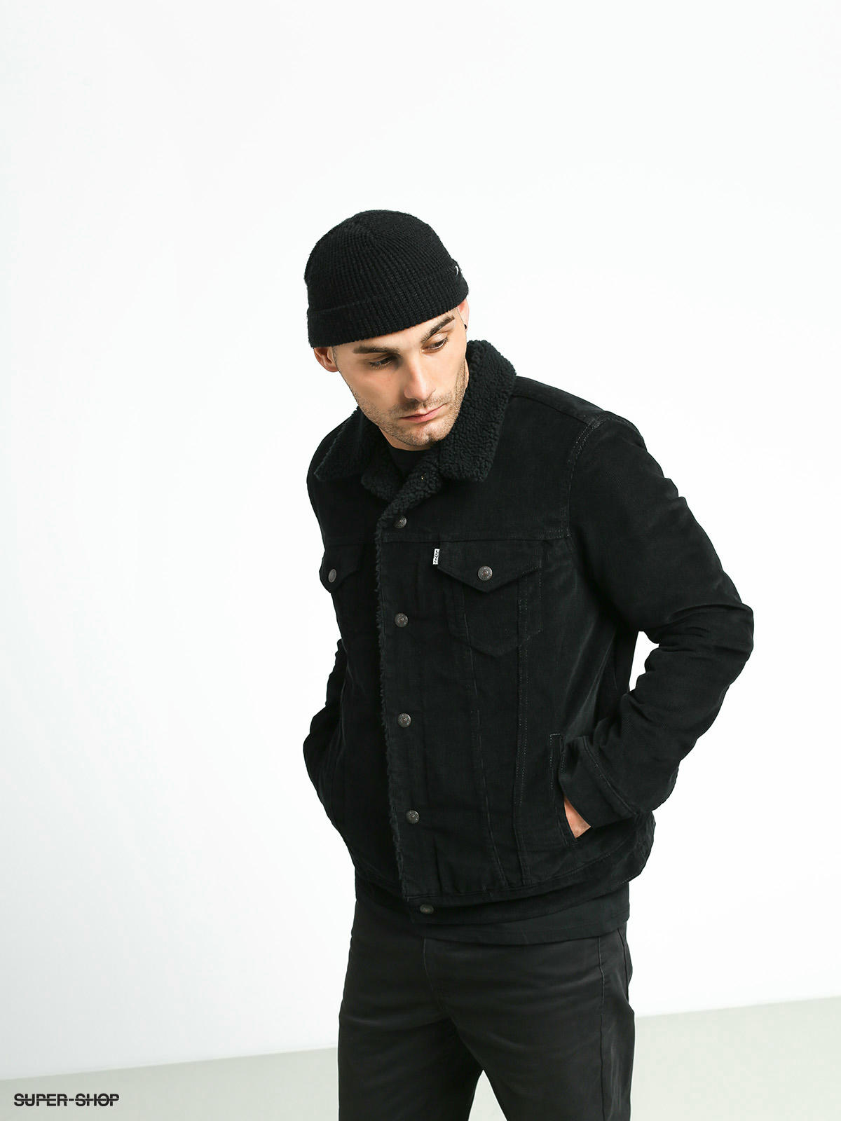 hooded hybrid sherpa trucker jacket