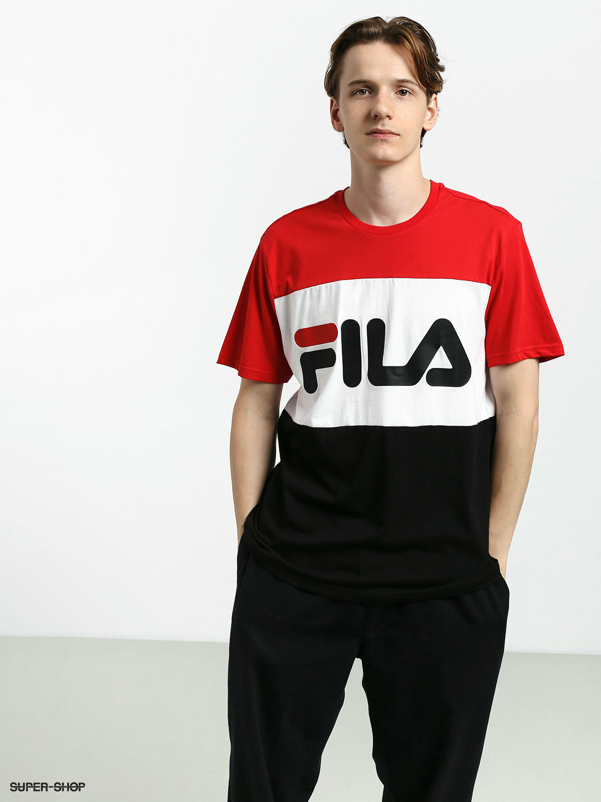 Red black and deals white fila shirt