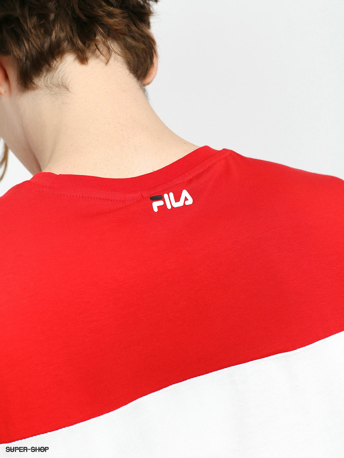 red black and white fila shirt