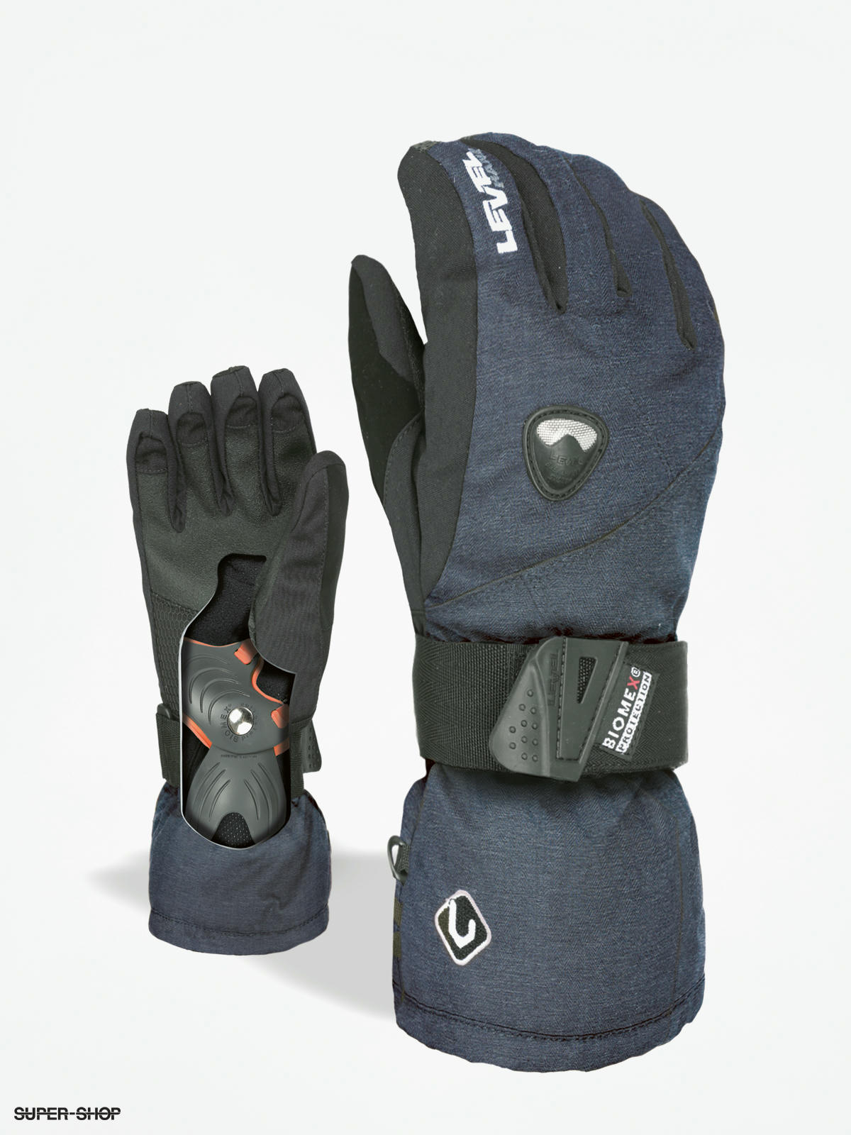 Level snowboard gloves store with wrist guard