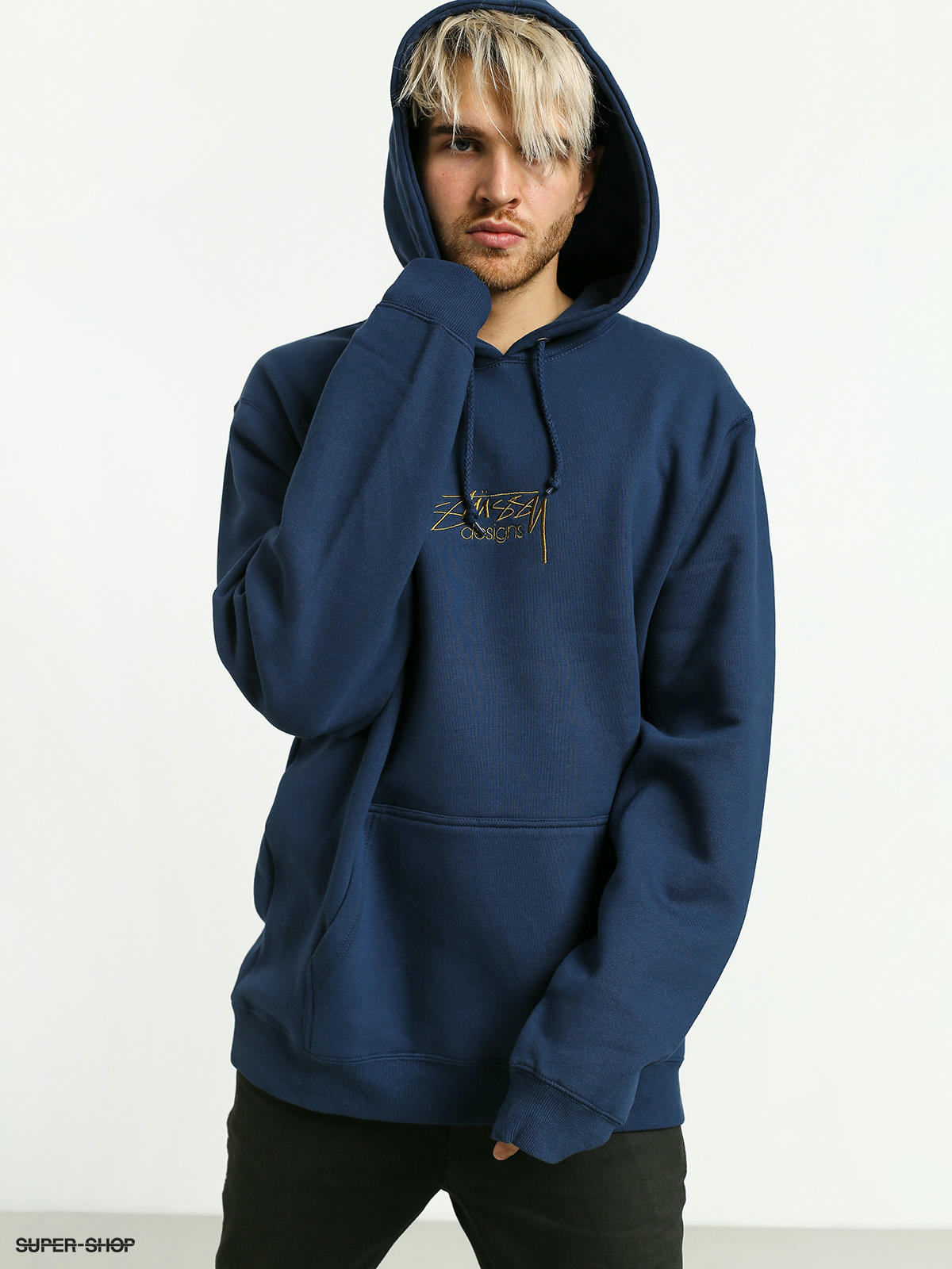 navy blue stussy hoodie