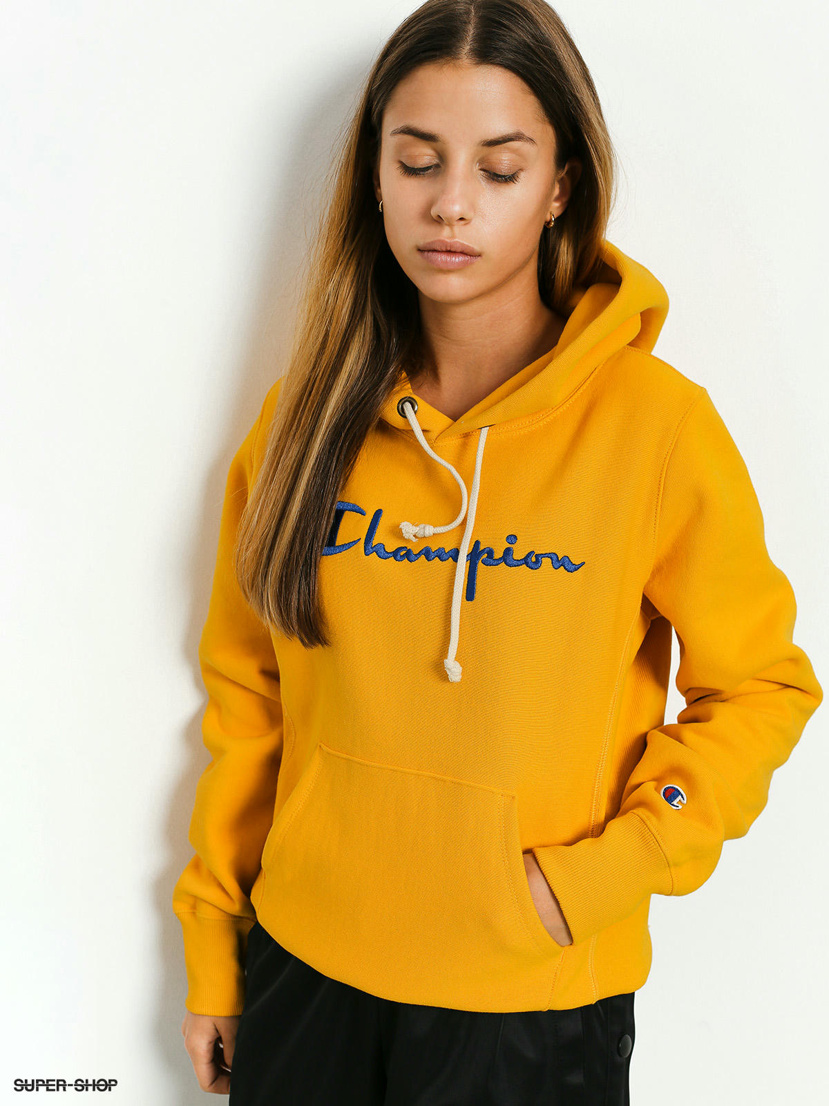 Yellow champion clearance hoodie big logo