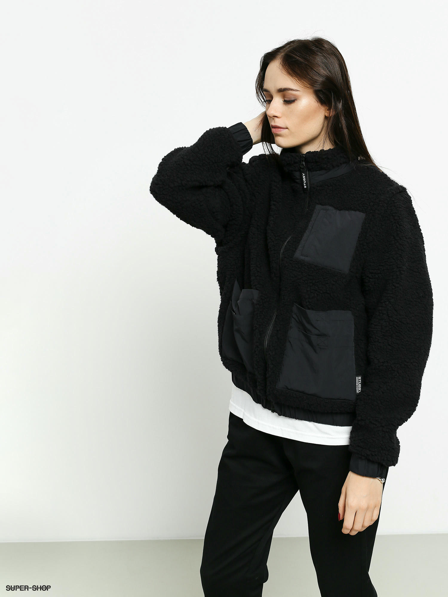 black sherpa jacket with hood