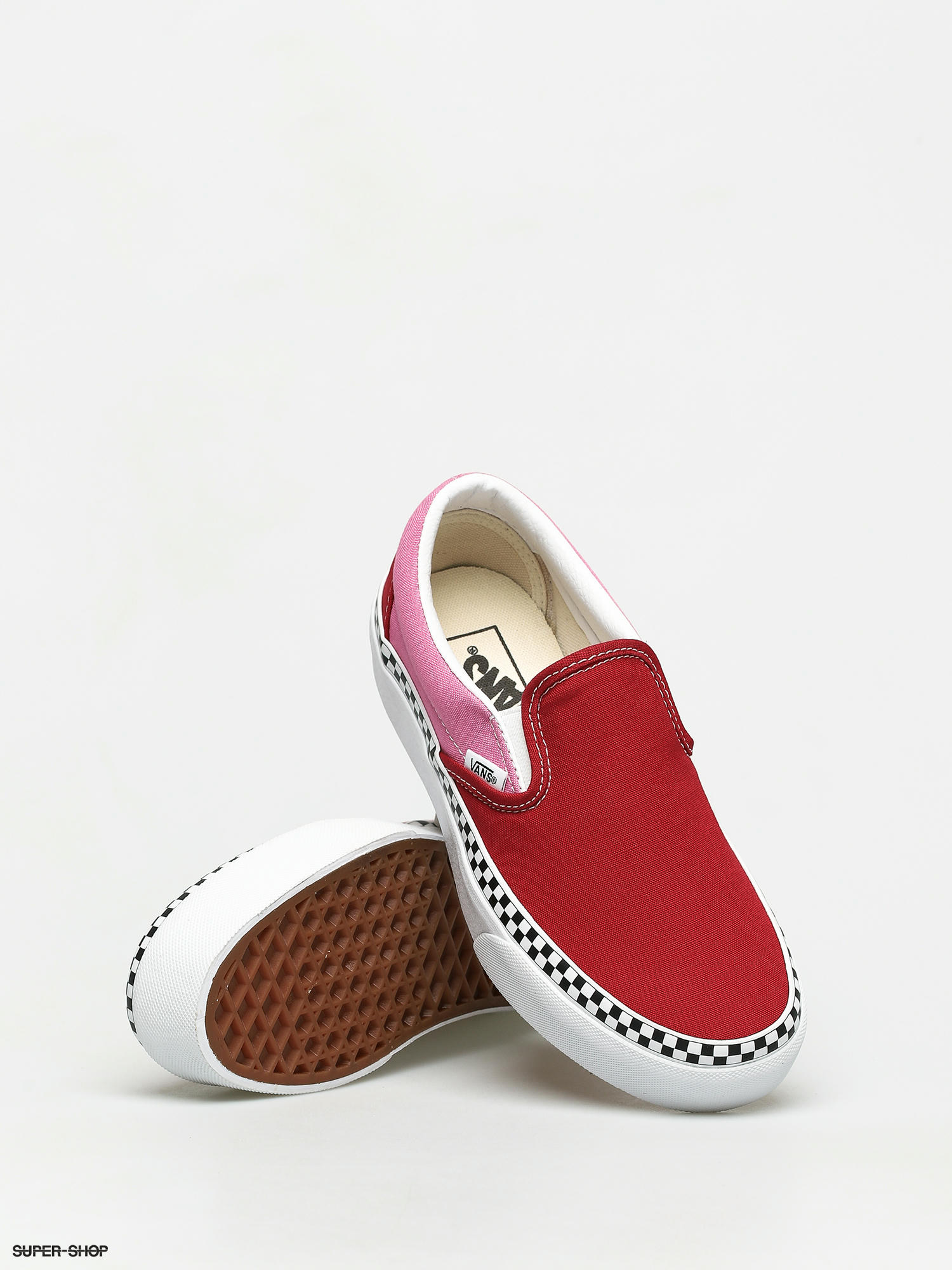 red and pink slip on vans