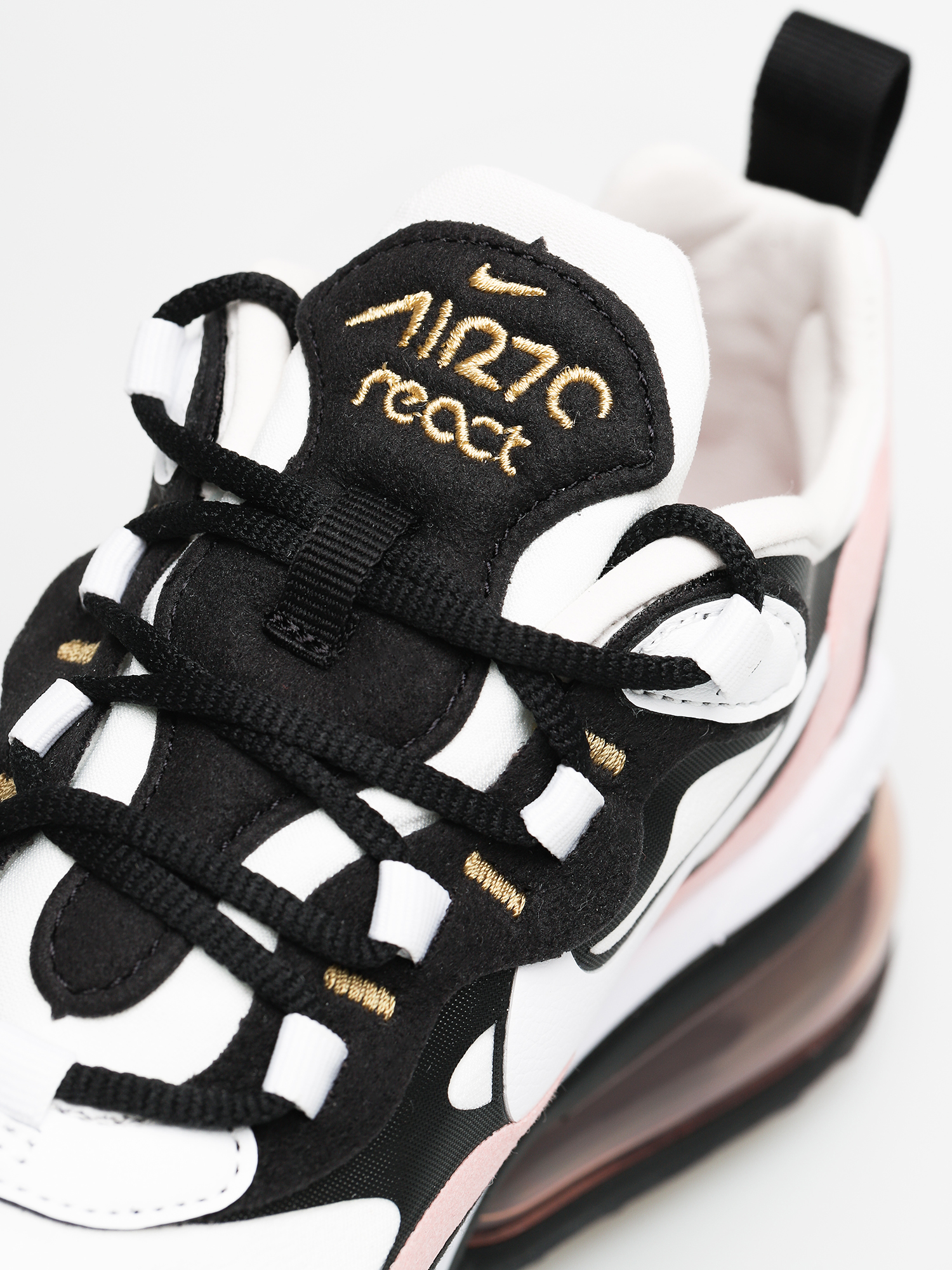 Nike Air Max 270 React Shoes Wmn (black/white bleached coral metallic gold)