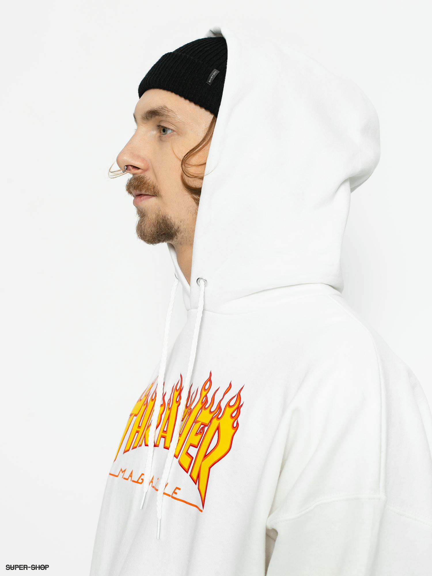 thrasher flame hoodie white