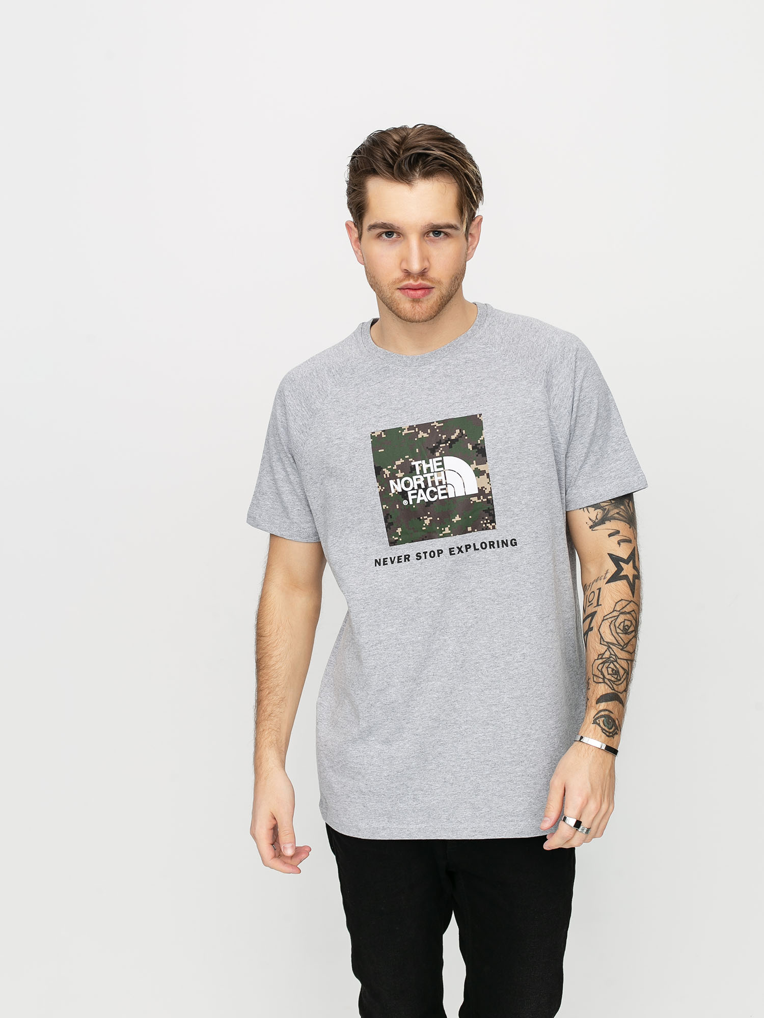 The North Face Raglan Redbox T Shirt Light Grey Digital Camo