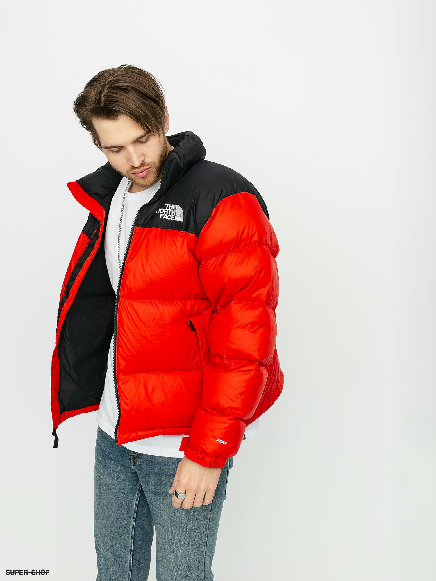 red north face coat
