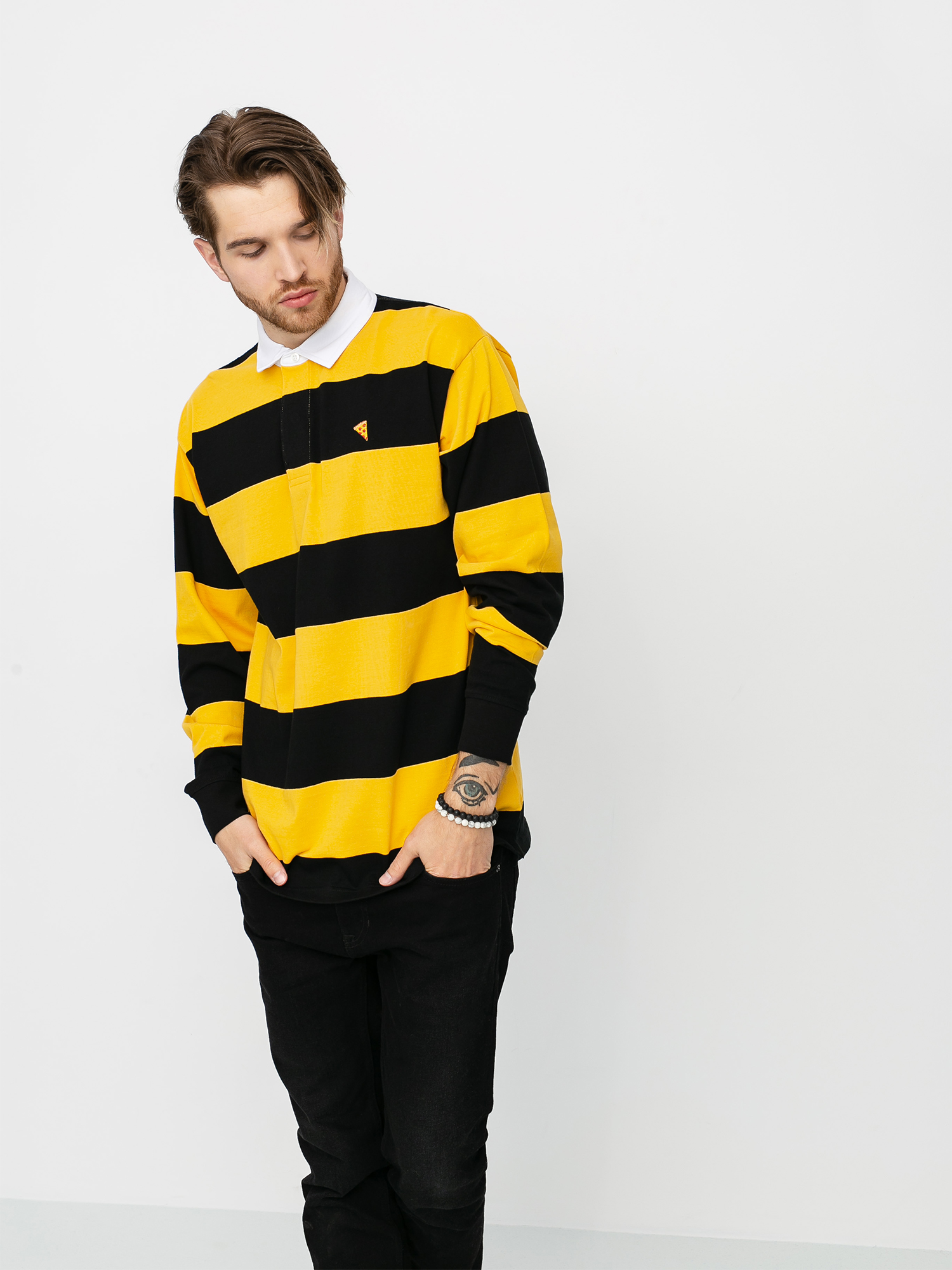 yellow black white striped shirt
