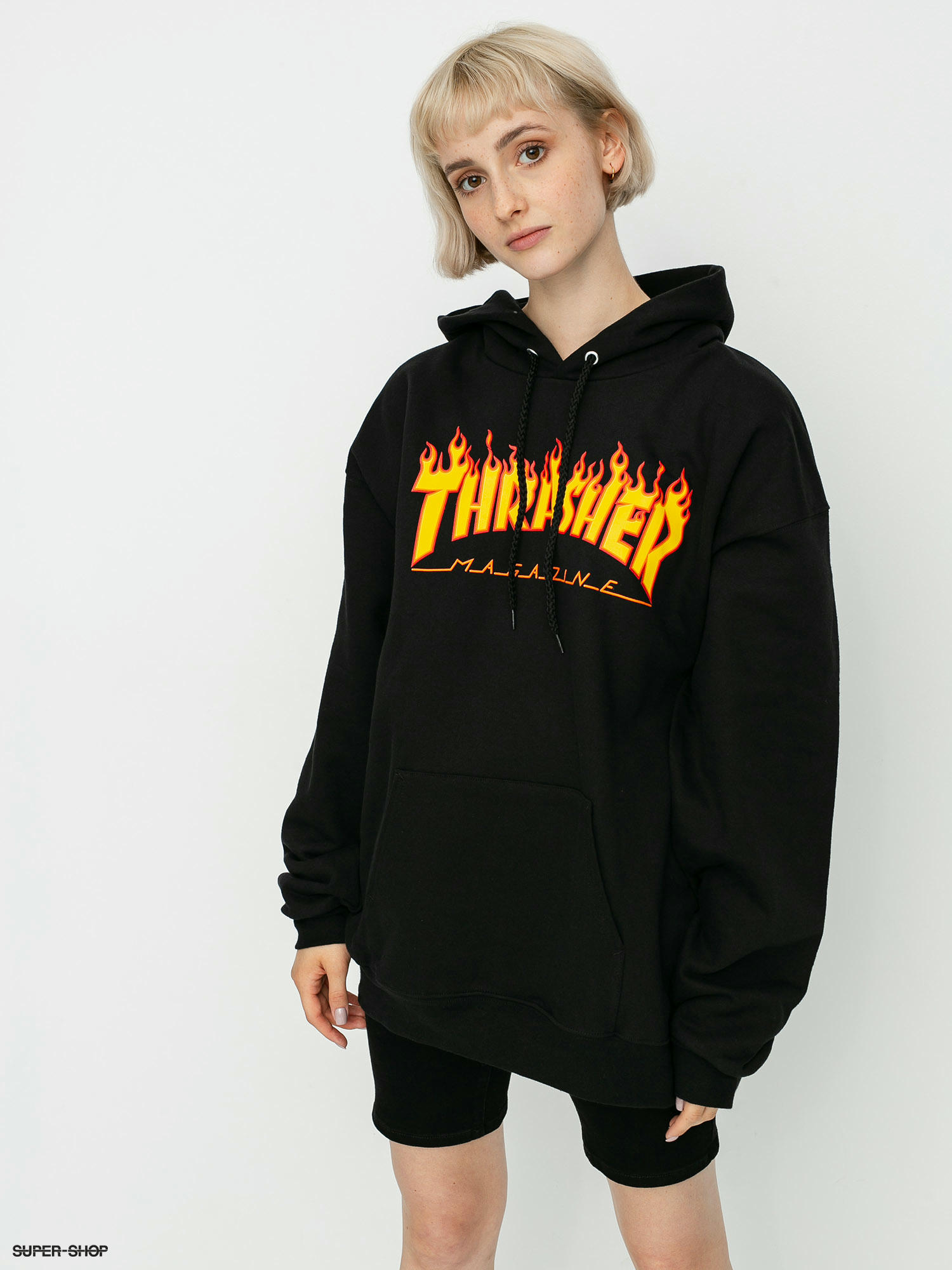 thrasher hoodie with flames on sleeves