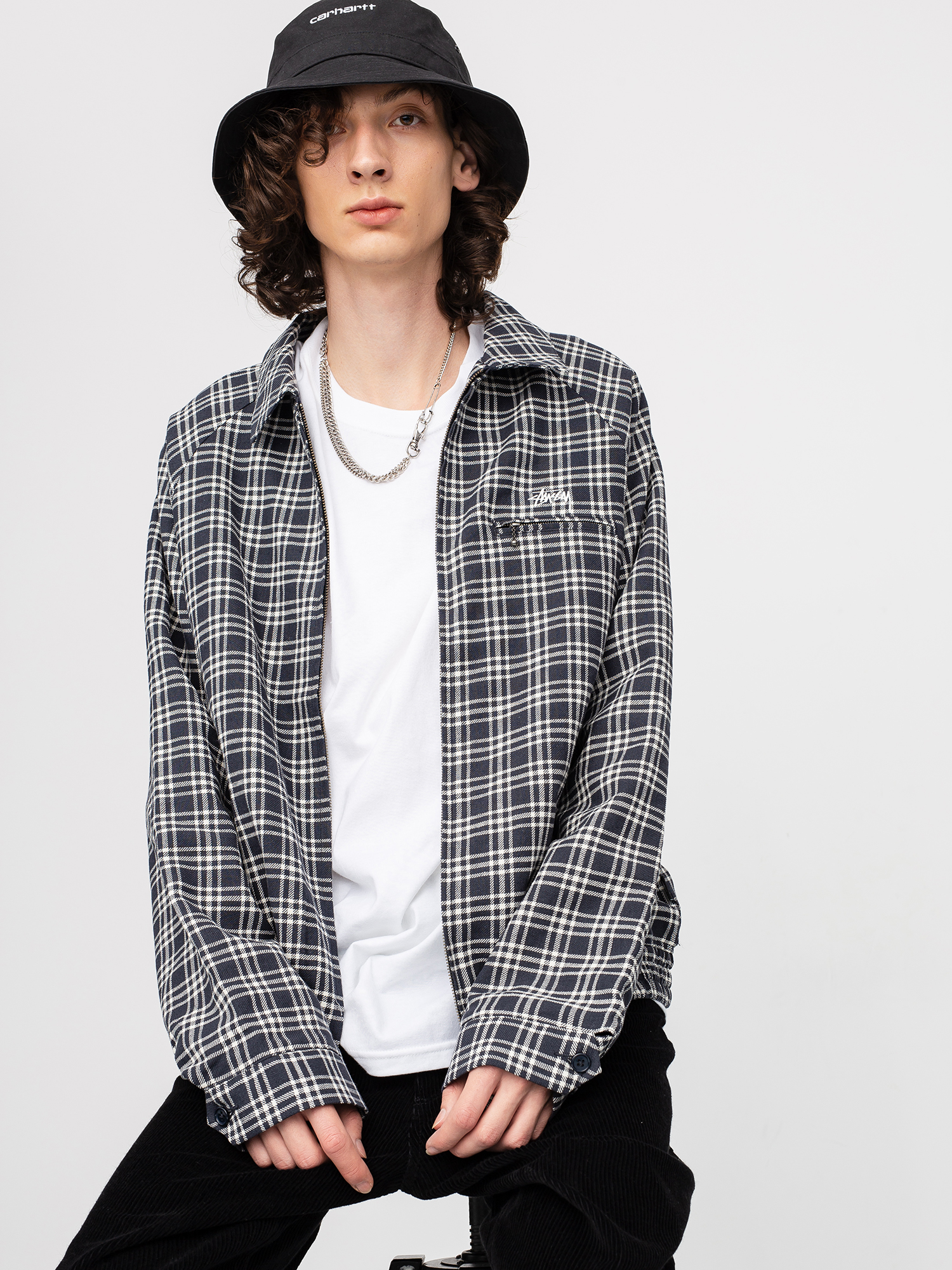Stussy Plaid Linen Bryan Jacket (navy)
