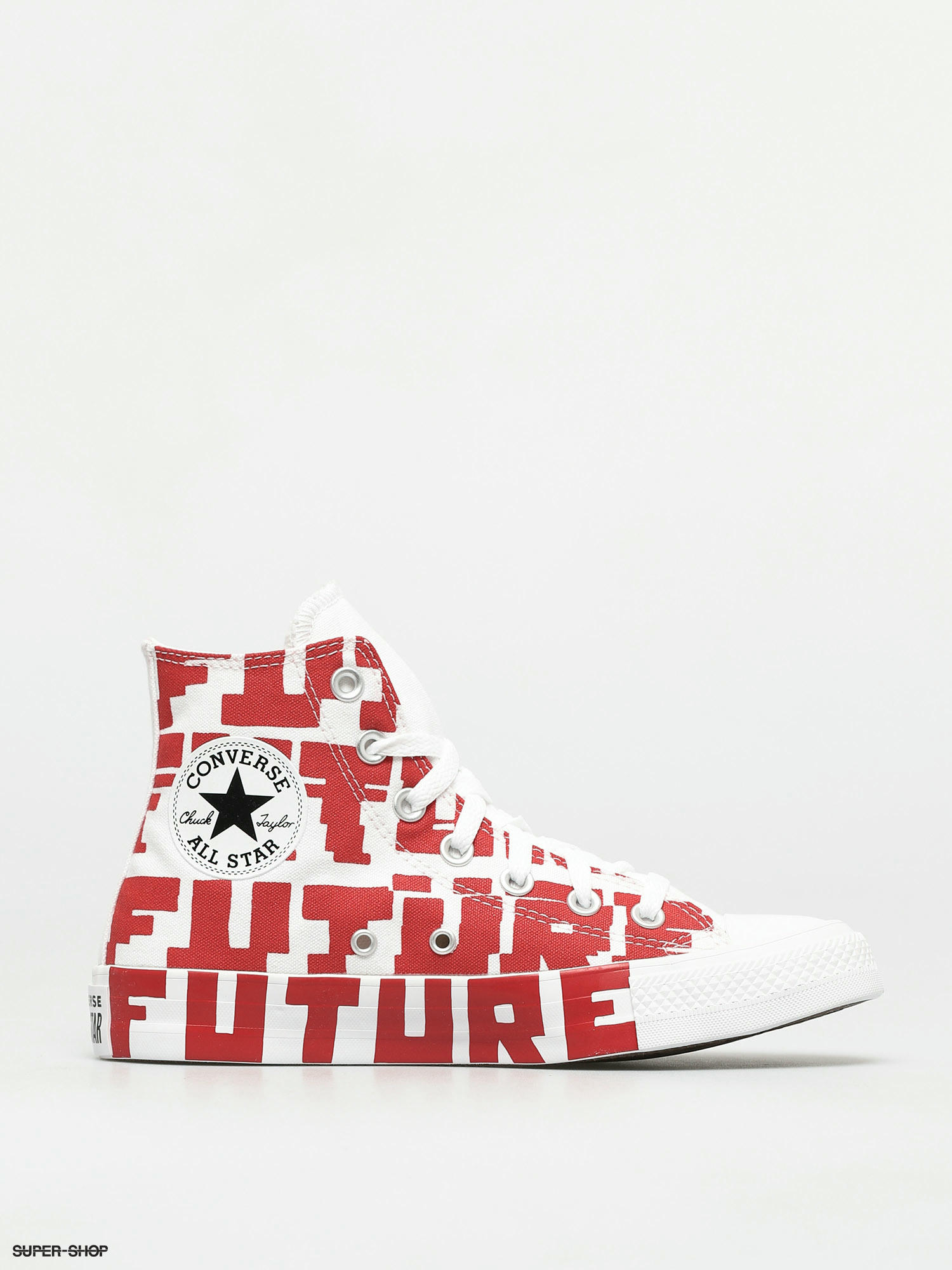 white converse with red writing