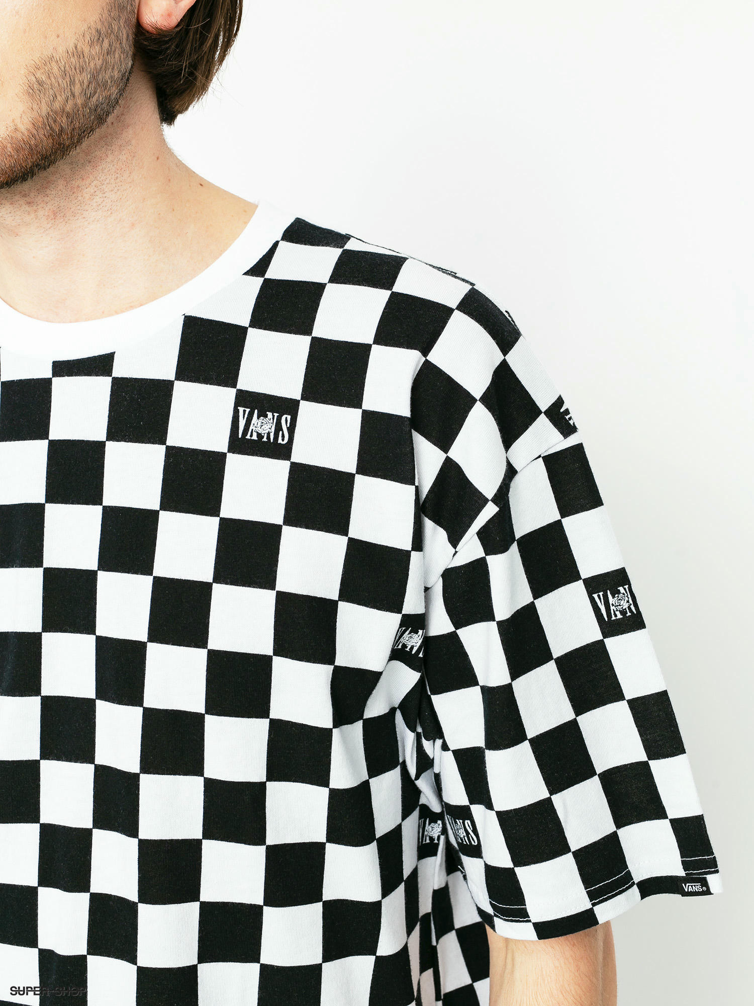black and white checkered shirt vans