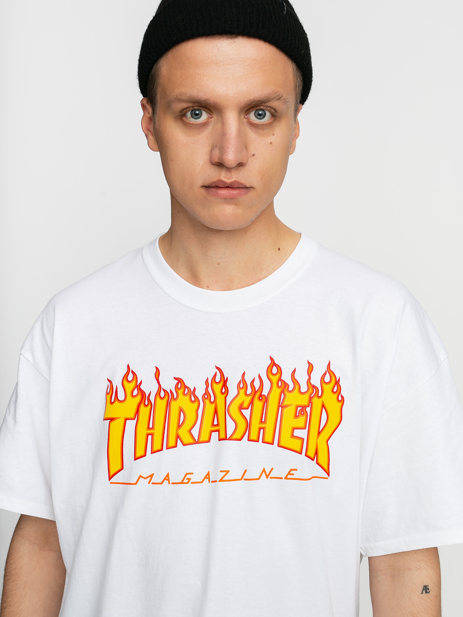 white and black thrasher shirt