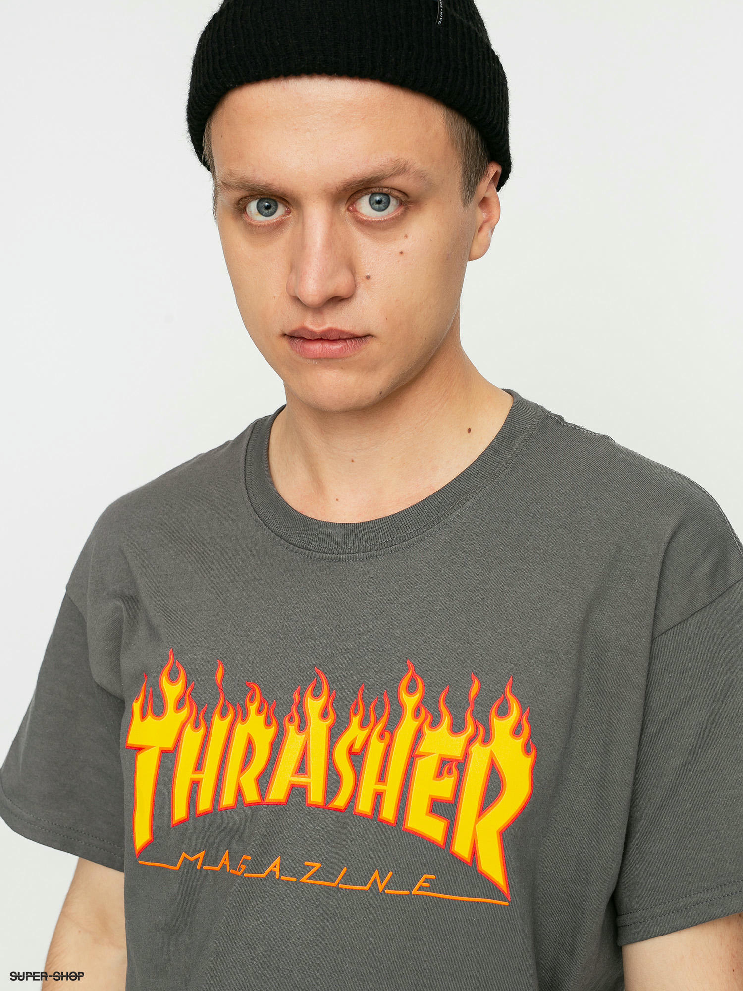 Thrasher T Shirt Flame Logo Charcoal Grey