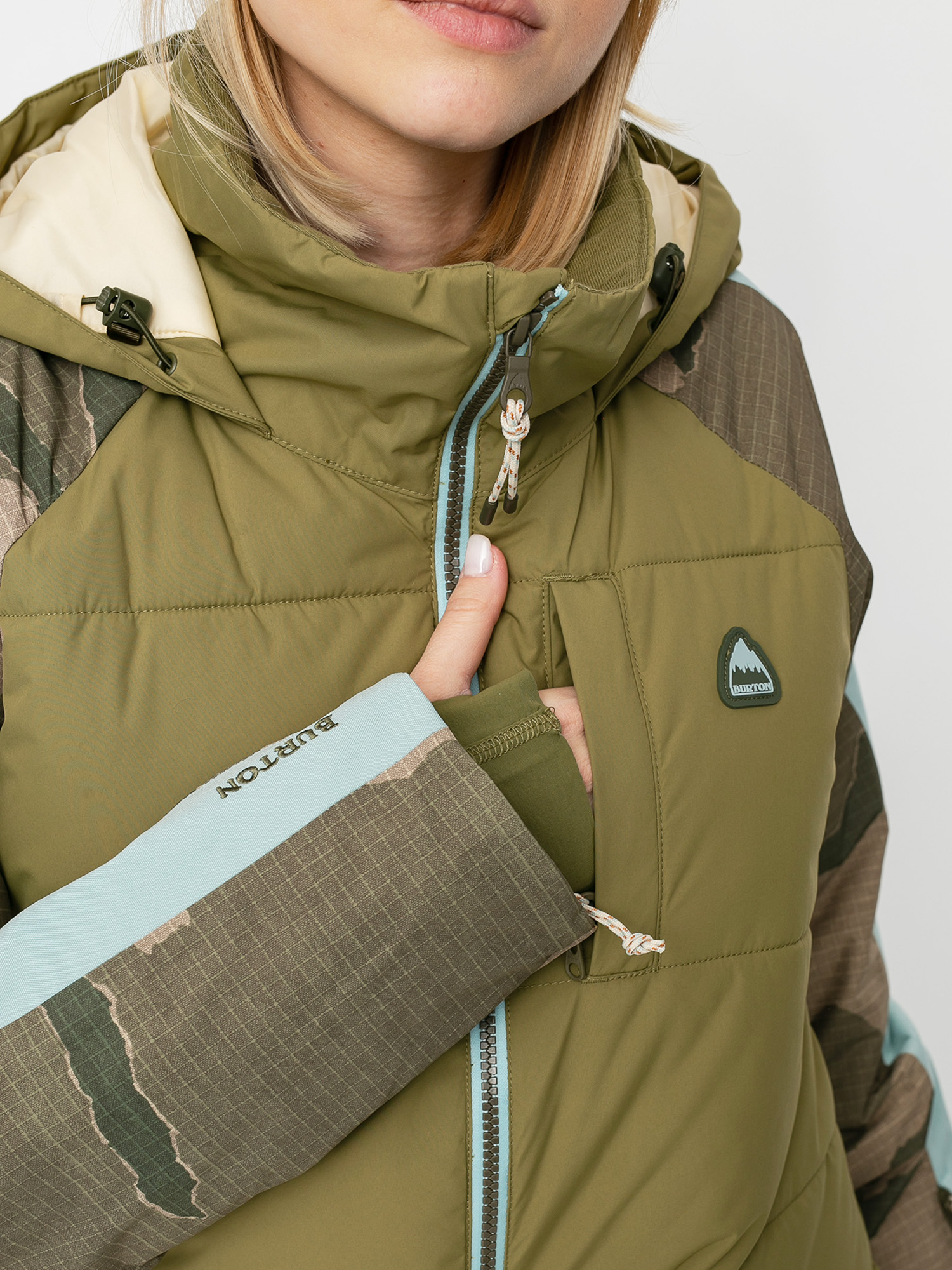 Womens Burton Keelan Snowboard jacket (martini olive/barren camo/ether blue)