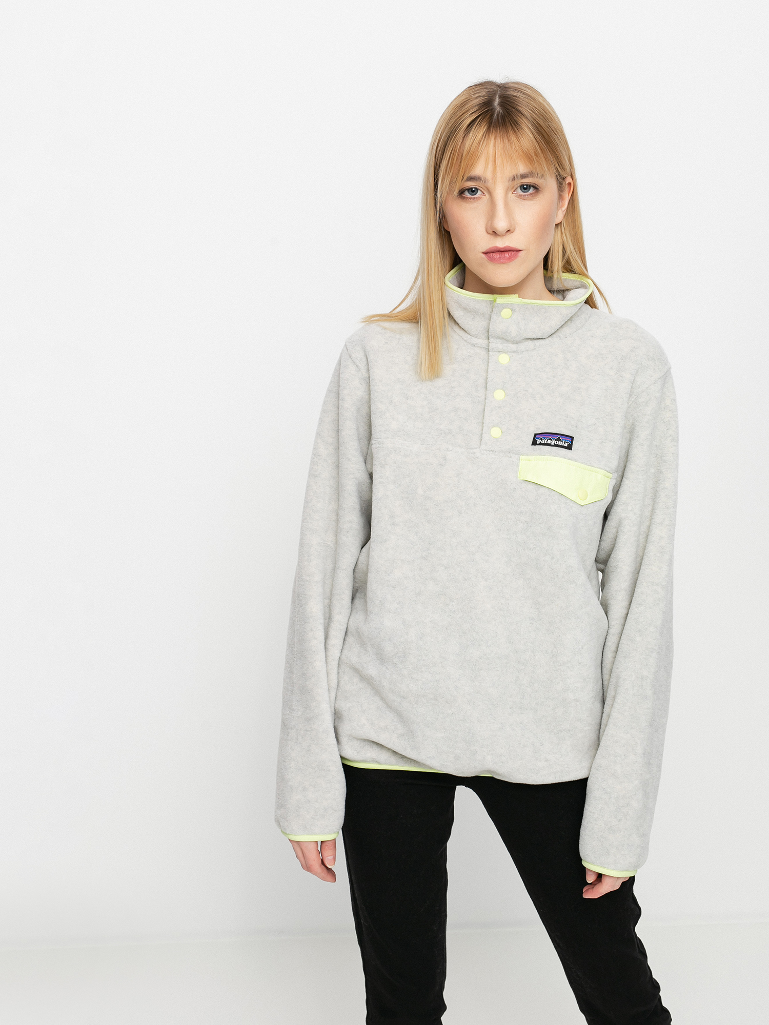 Womens Patagonia Lightweight Synchilla Snap T Fleece (oatmeal heather w/jellyfish yellow)