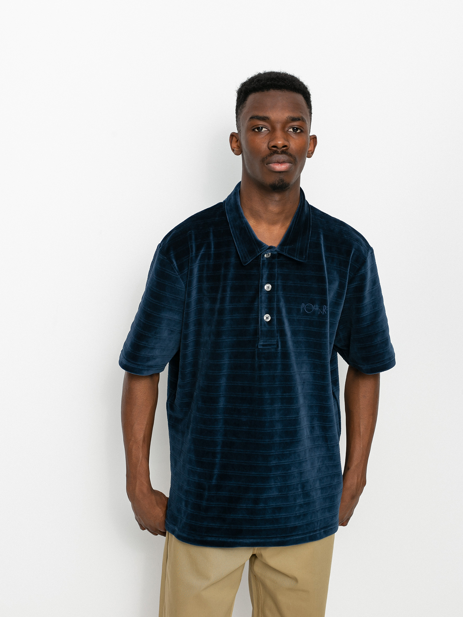 Polar Skate Stripe Velour Polo T-shirt (navy)