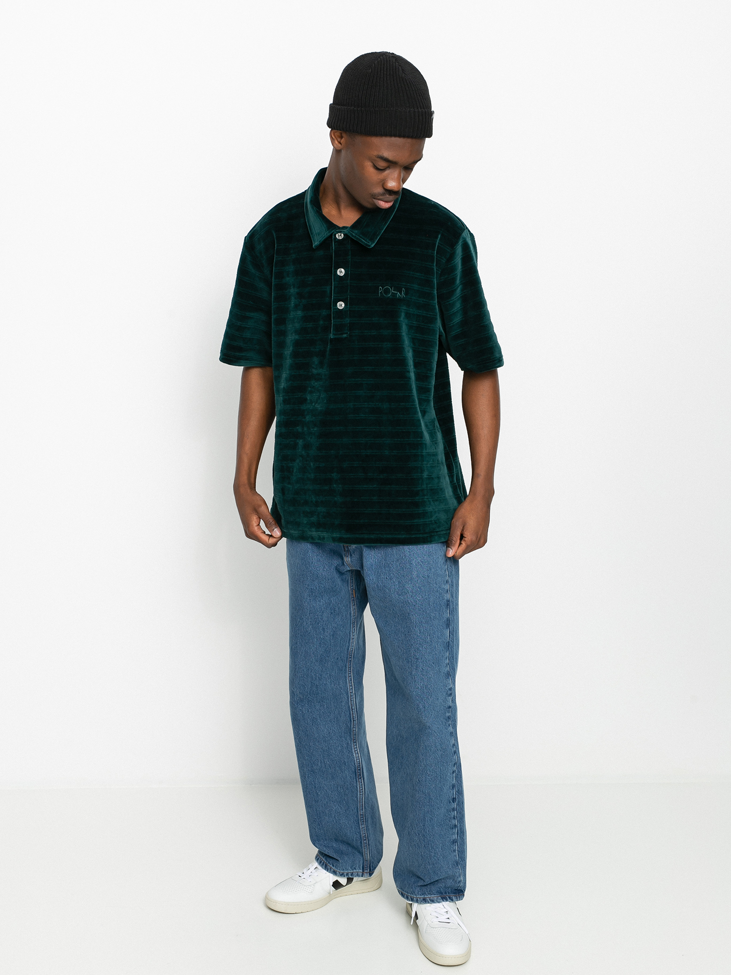 Polar Skate Stripe Velour Polo T-shirt (dark green)