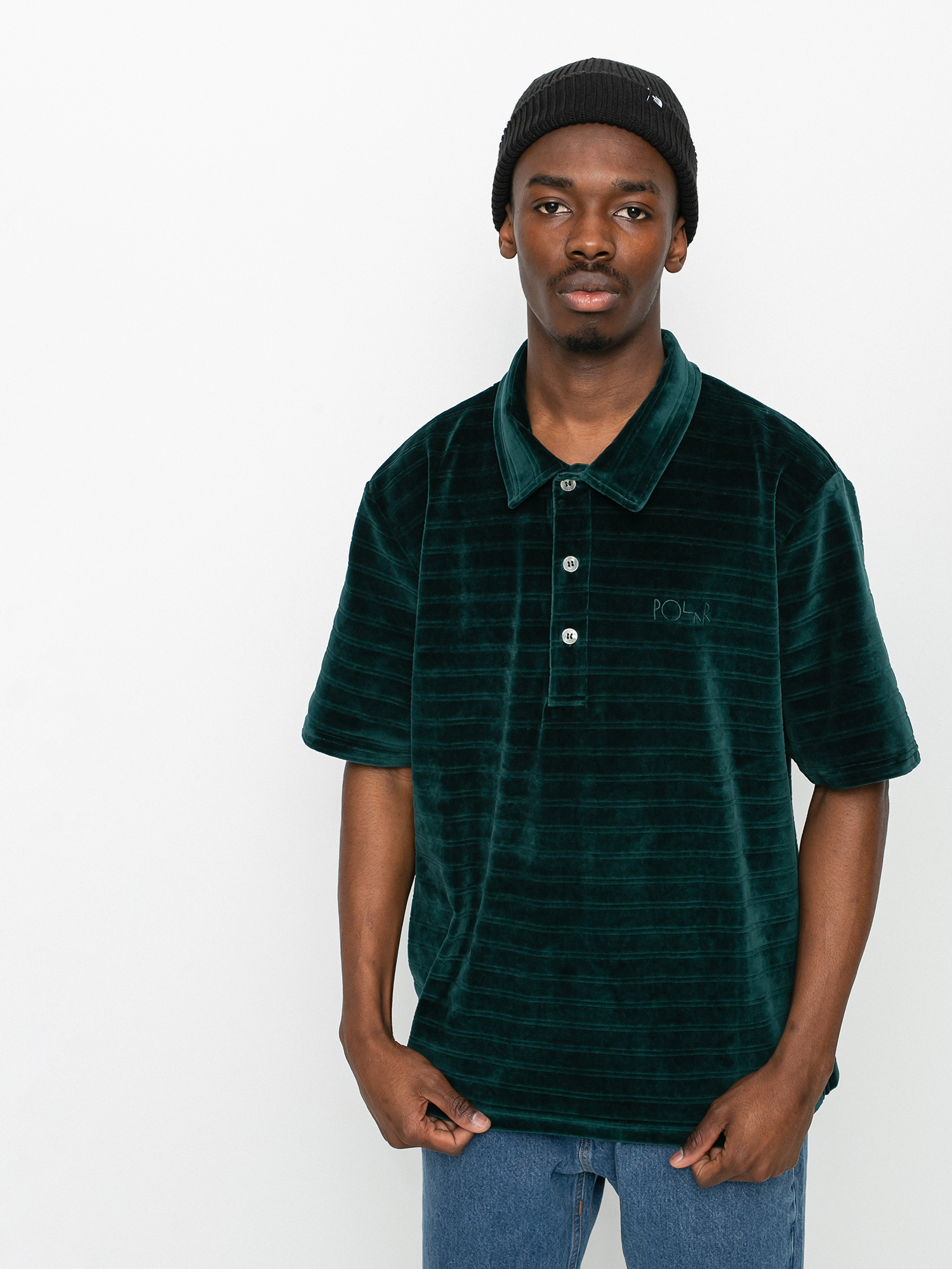 Polar Skate Stripe Velour Polo T-shirt (dark green)