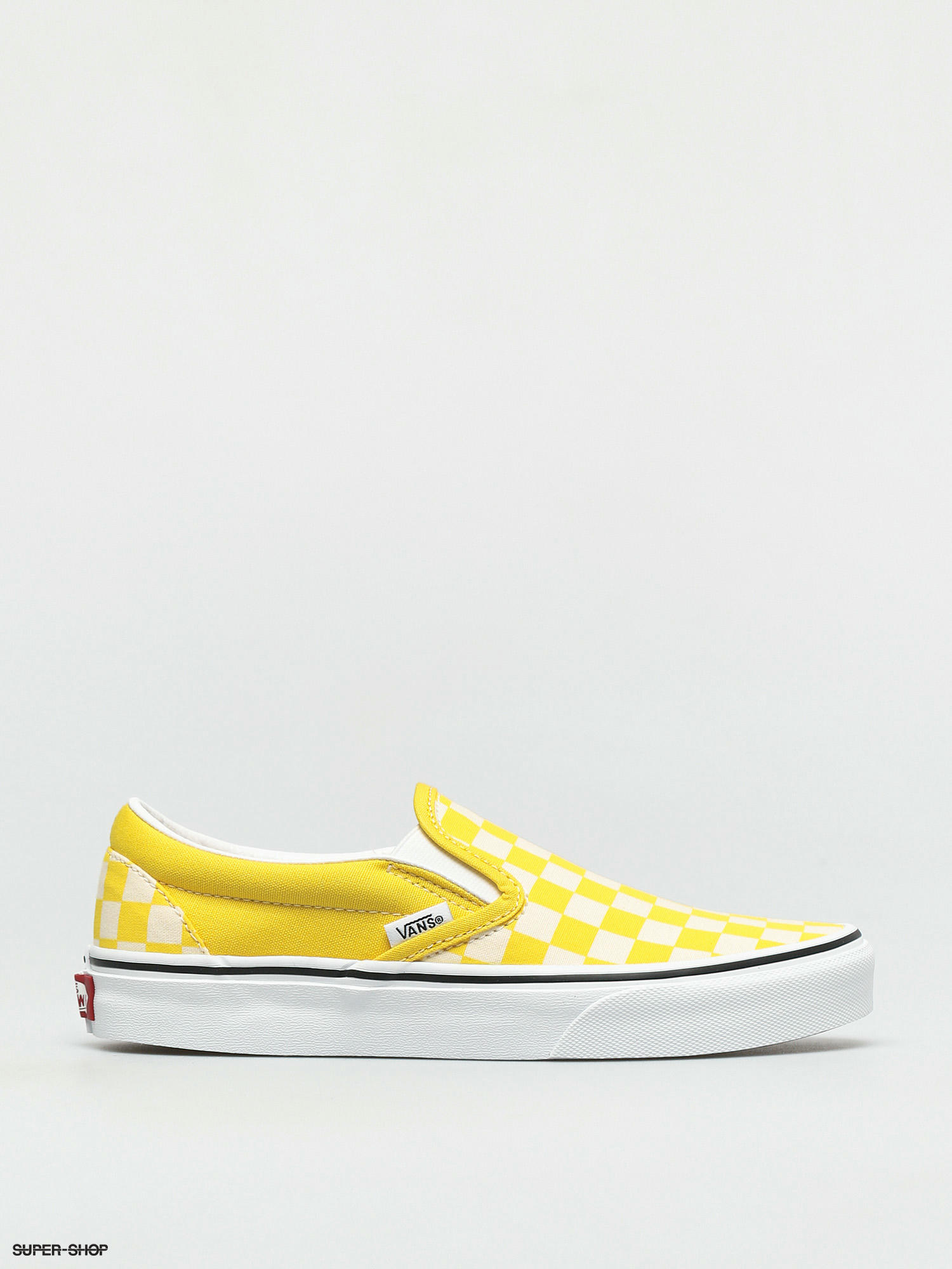 yellow and white checkered vans slip on