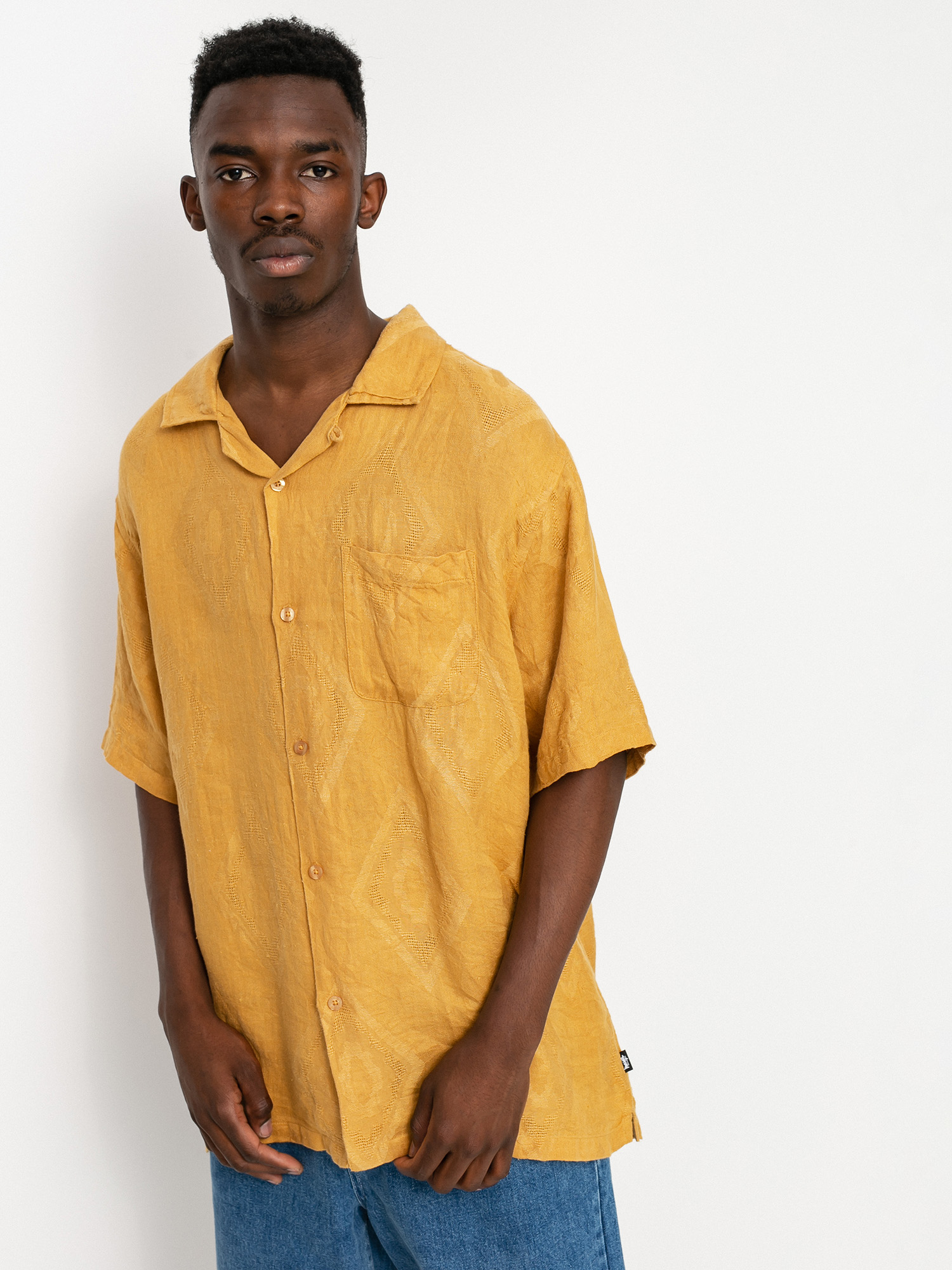 Linen Shirt Mustard Yellow Short Sleeve Button Up Linen Shirt