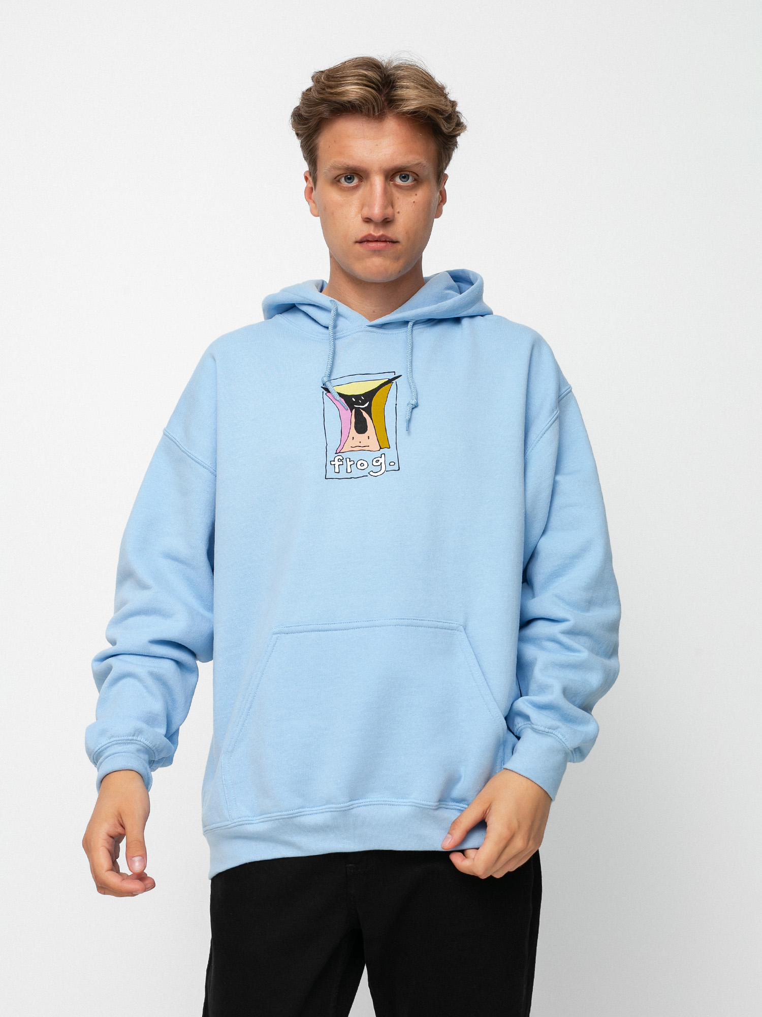 red and light blue hoodie