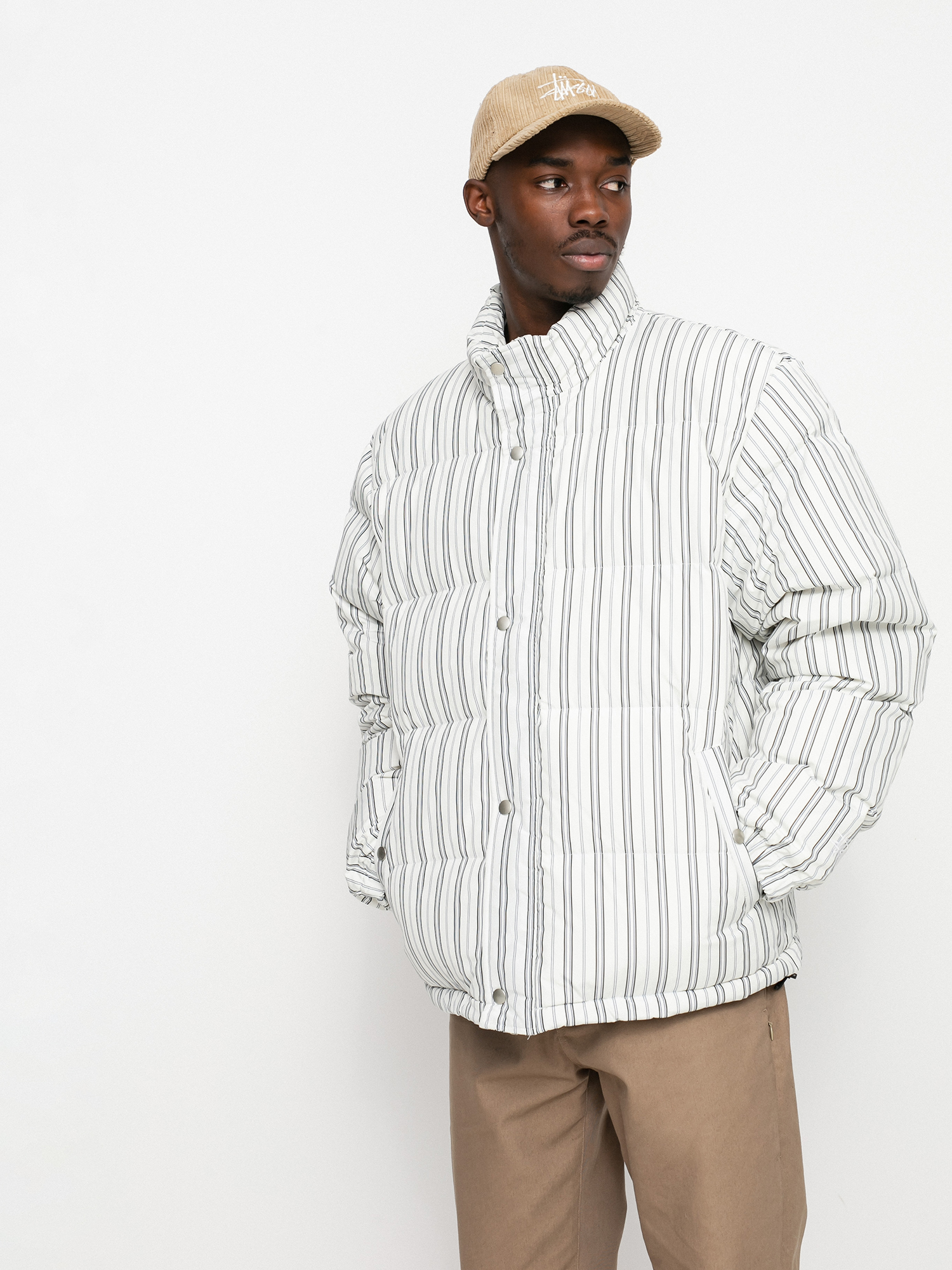 Stussy Stripe Down Puffer Jacke - Weiß (bone)