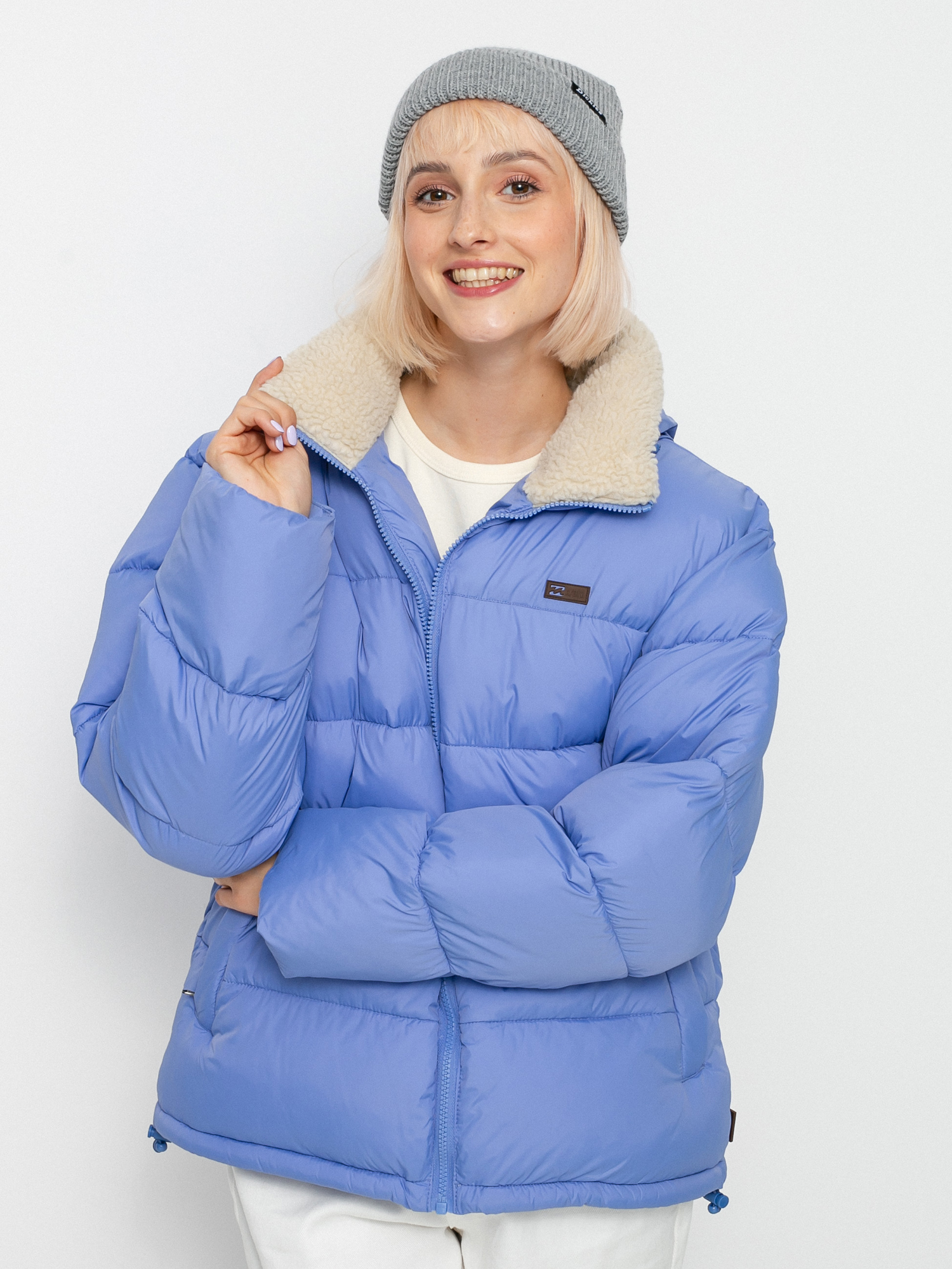 blue puffa coat