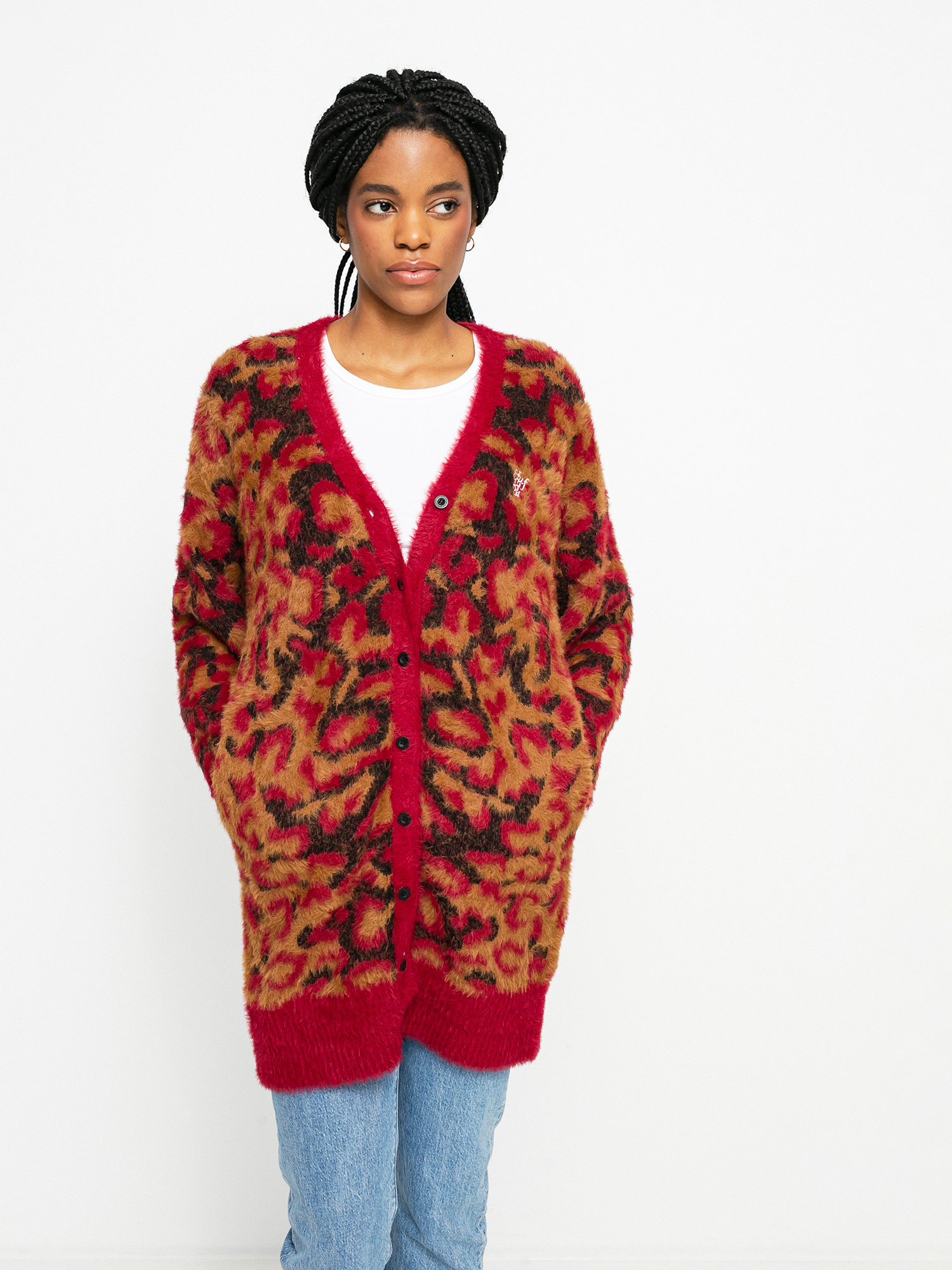 Fuzzy Red Leopard Print Cardigan Women Leopard Knit Shawl Open