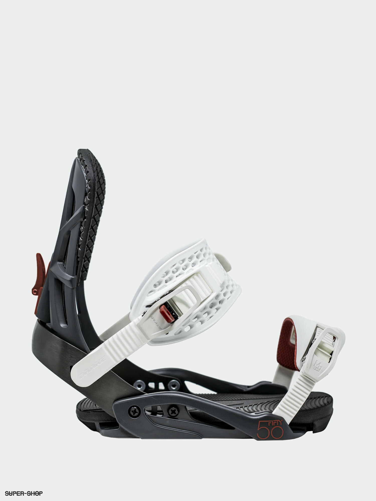 black snowboard white bindings