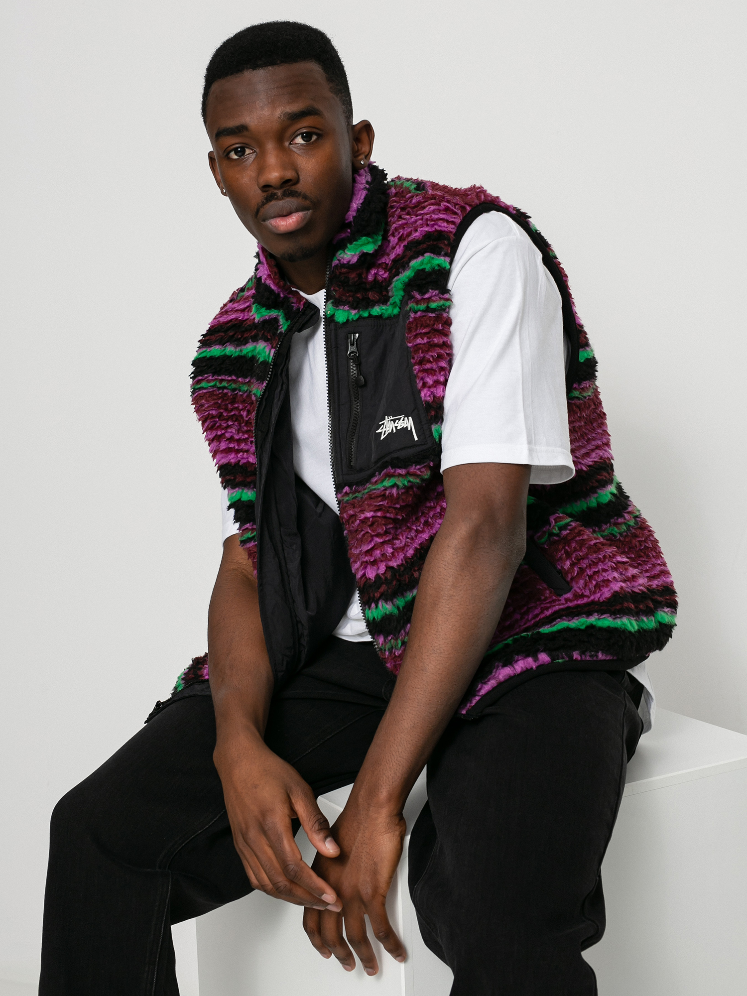 Stussy Striped Sherpa Weste (grape)