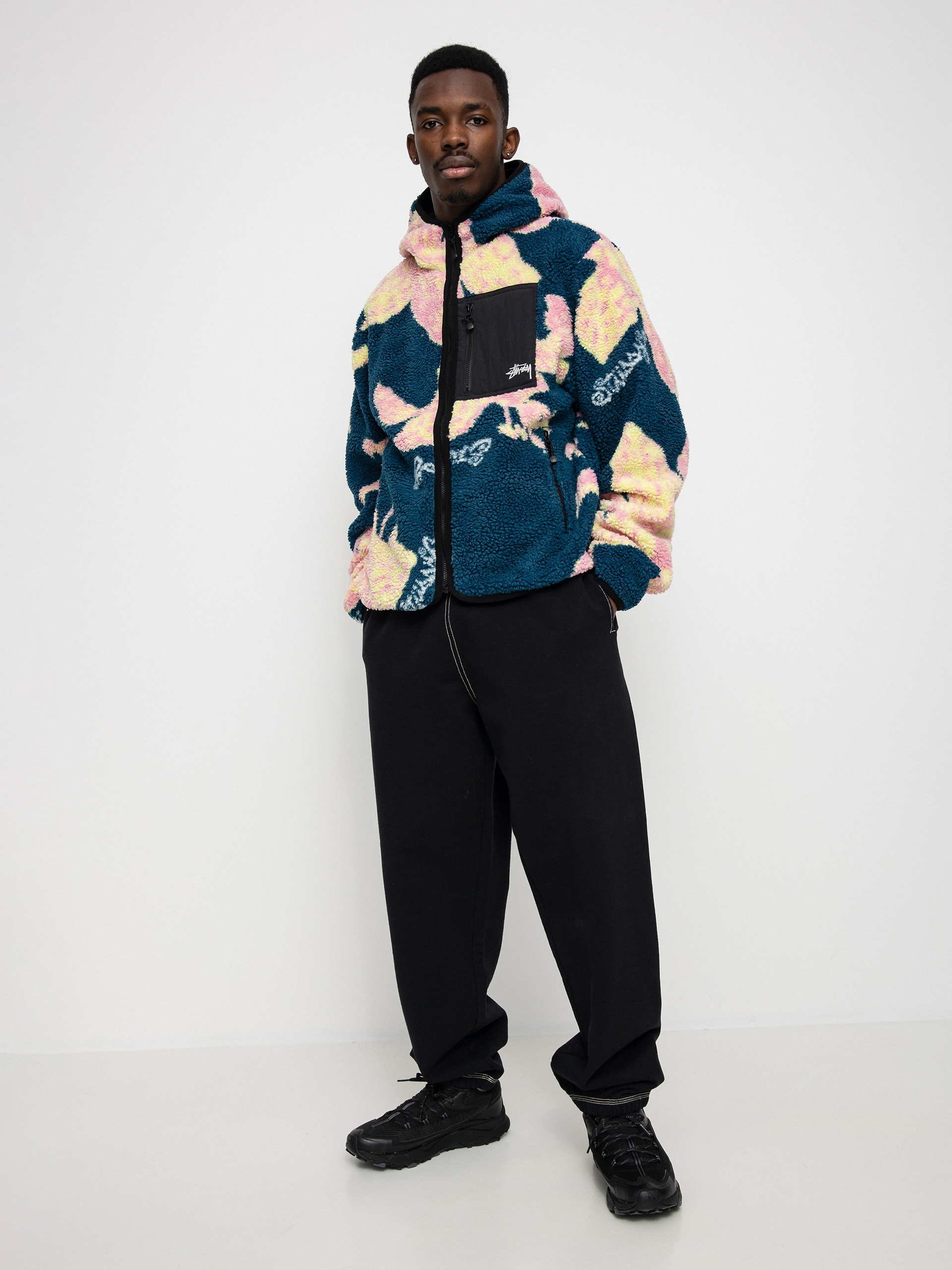Herren Stussy Floral Sherpa Fleecejacke (dark teal)