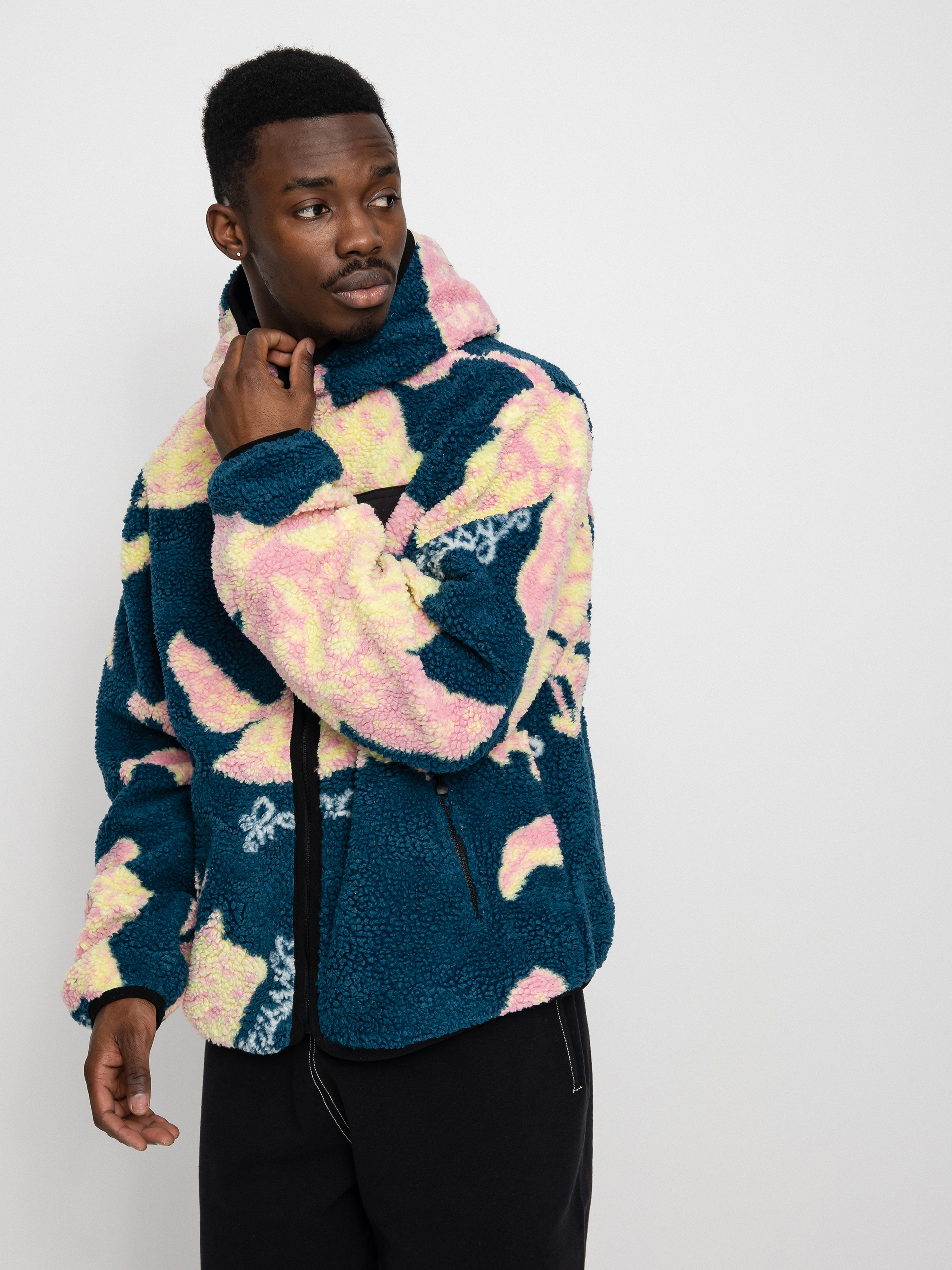 Mens Stussy Floral Sherpa Fleece  (dark teal)