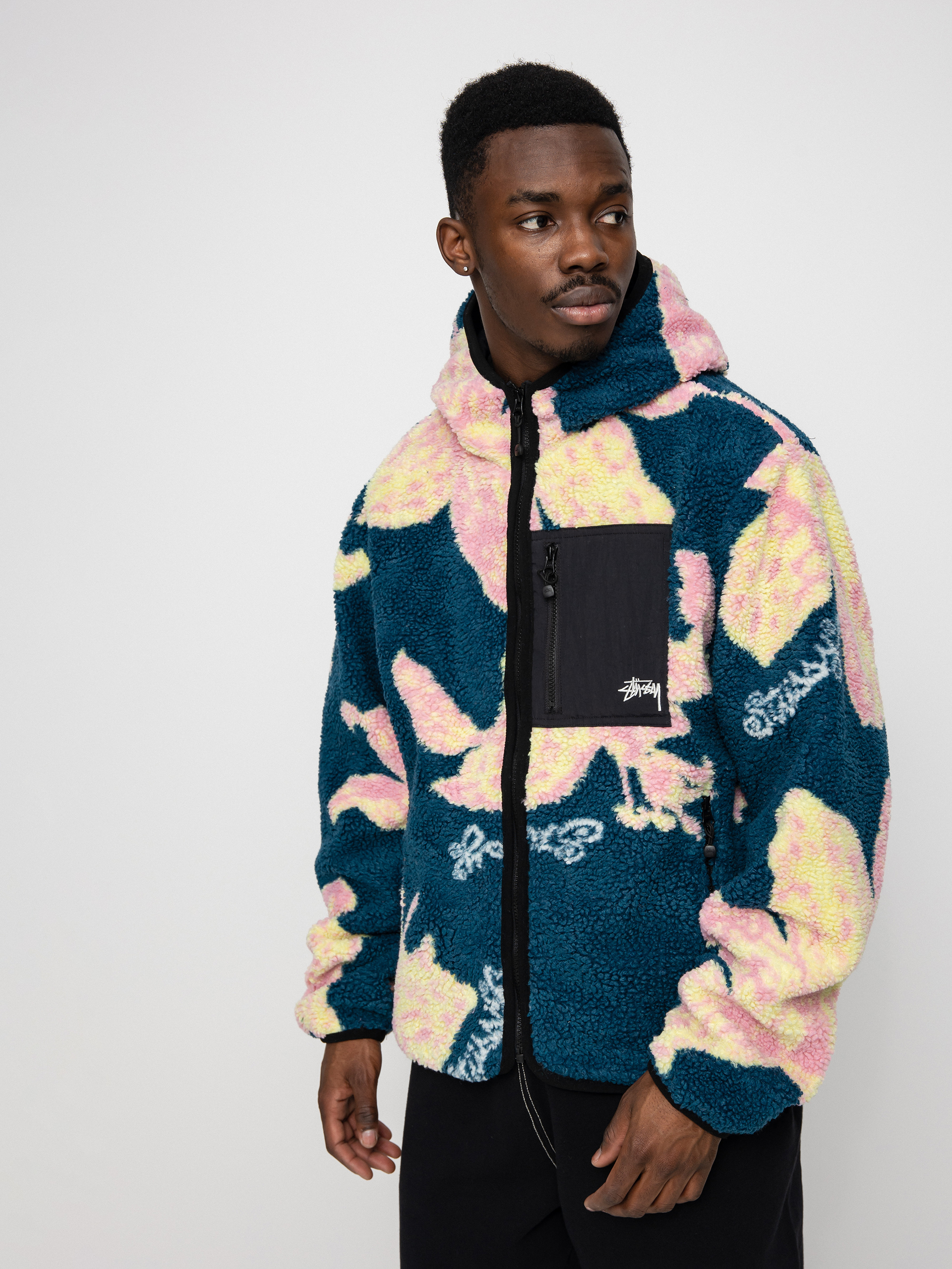Herren Stussy Floral Sherpa Fleecejacke (dark teal)