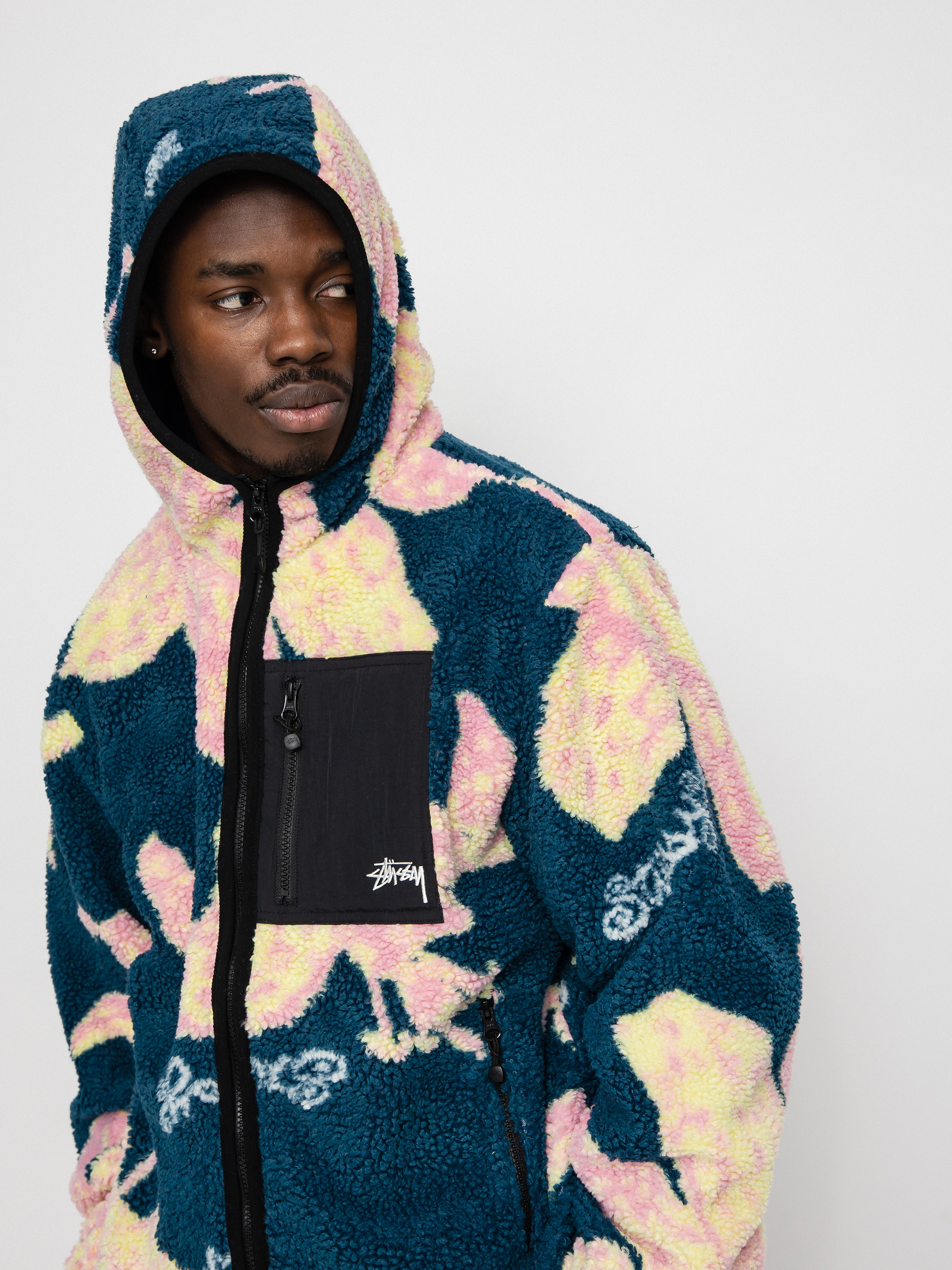 Herren Stussy Floral Sherpa Fleecejacke (dark teal)