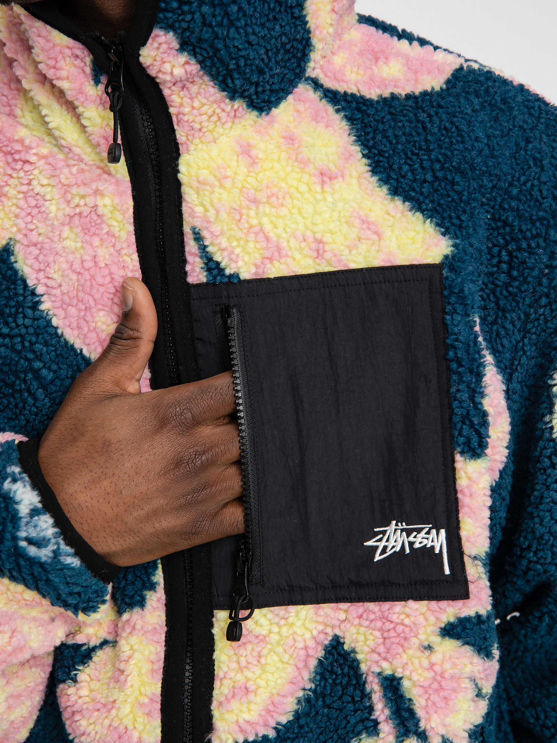 Herren Stussy Floral Sherpa Fleecejacke (dark teal)
