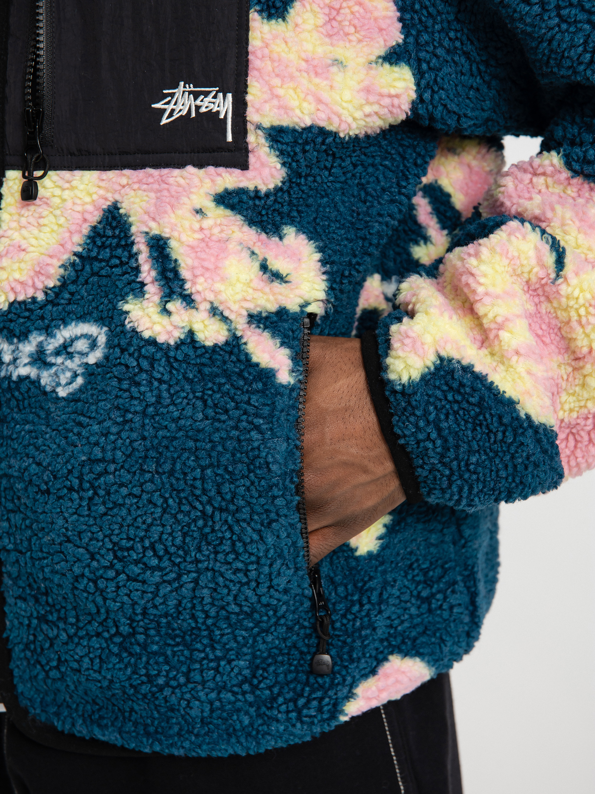 Mens Stussy Floral Sherpa Fleece  (dark teal)