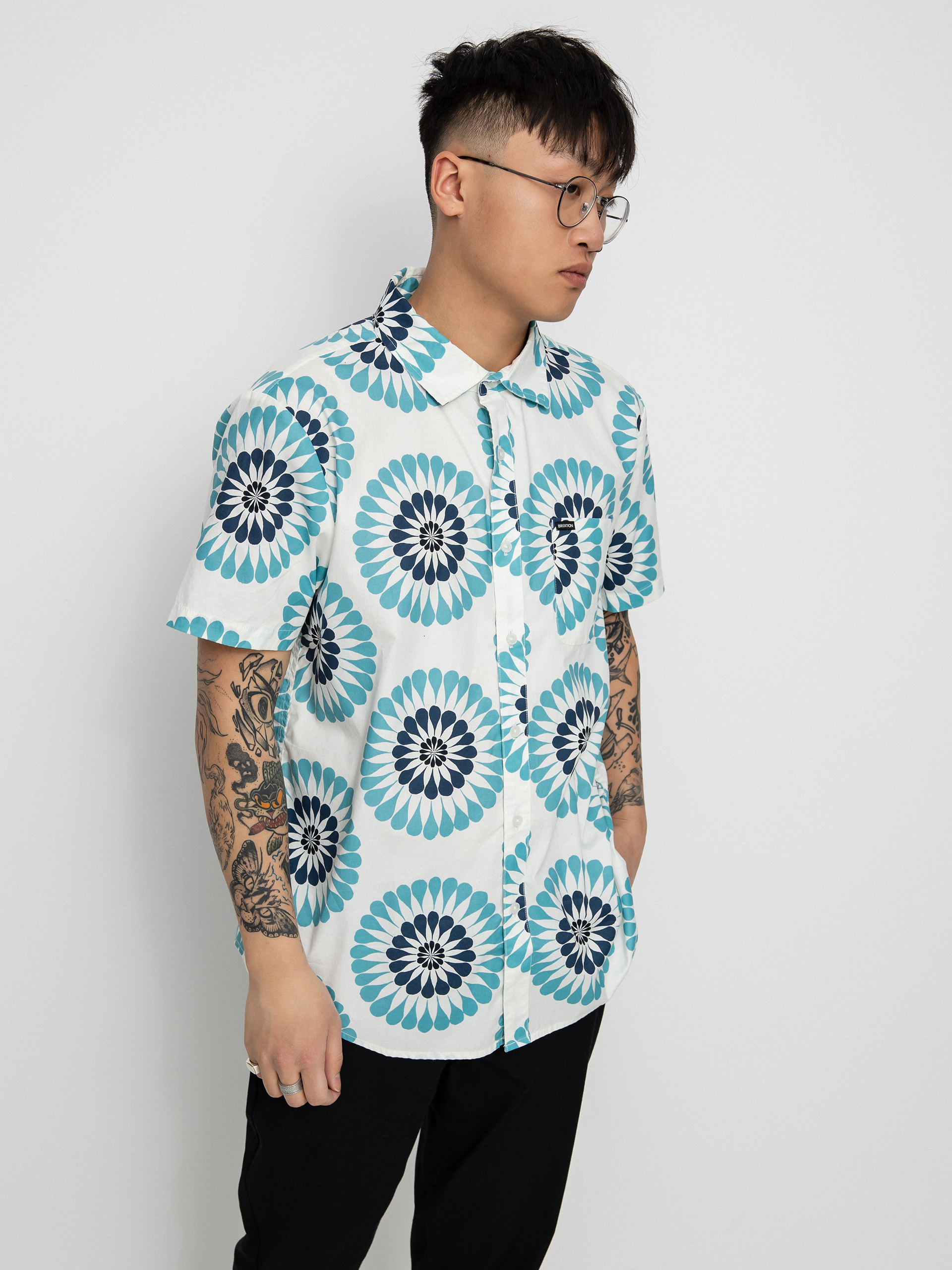 Brixton Charter Print Shirt (off white/teal)