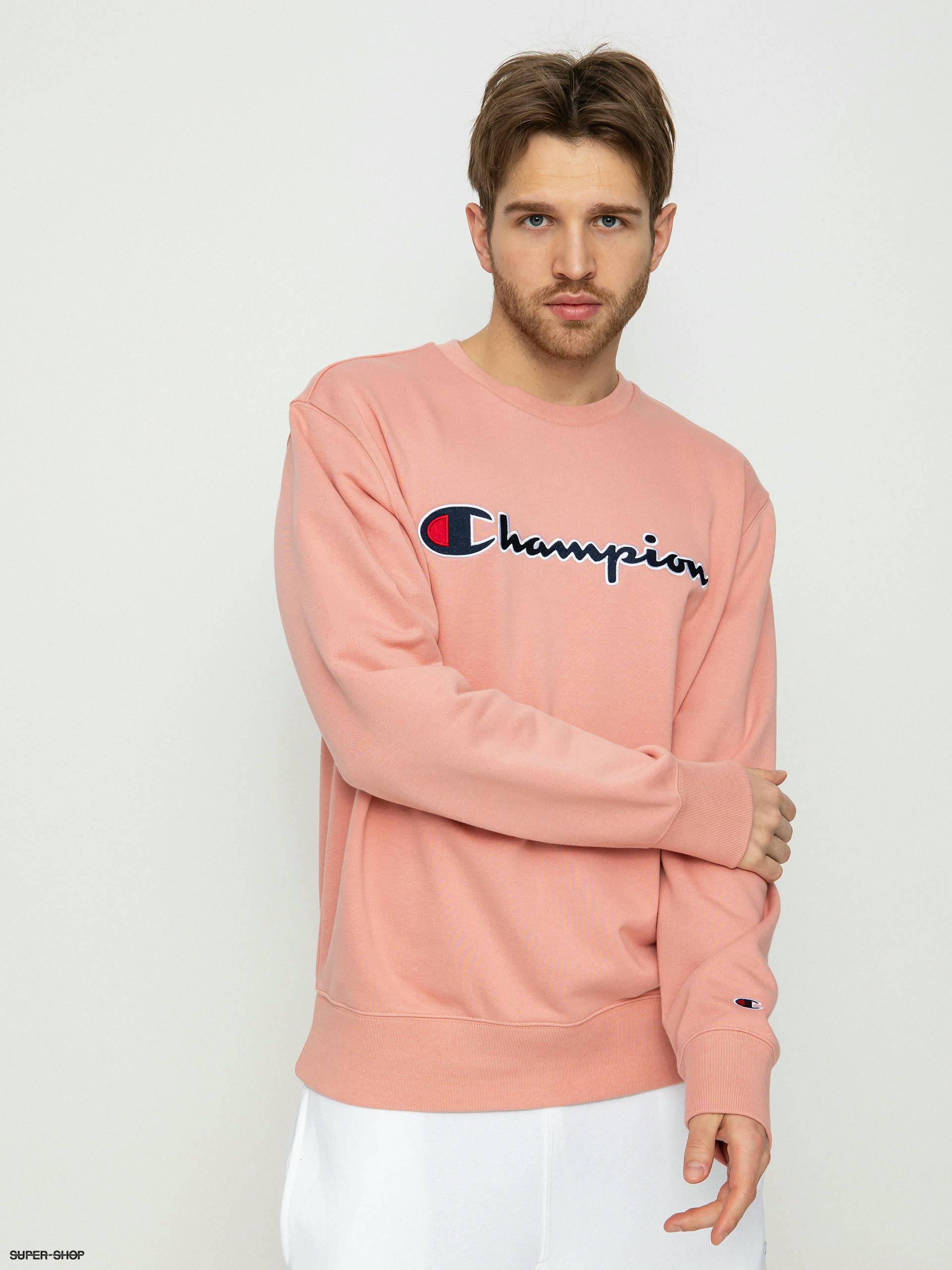 Pink champion crewneck outlet sweatshirt