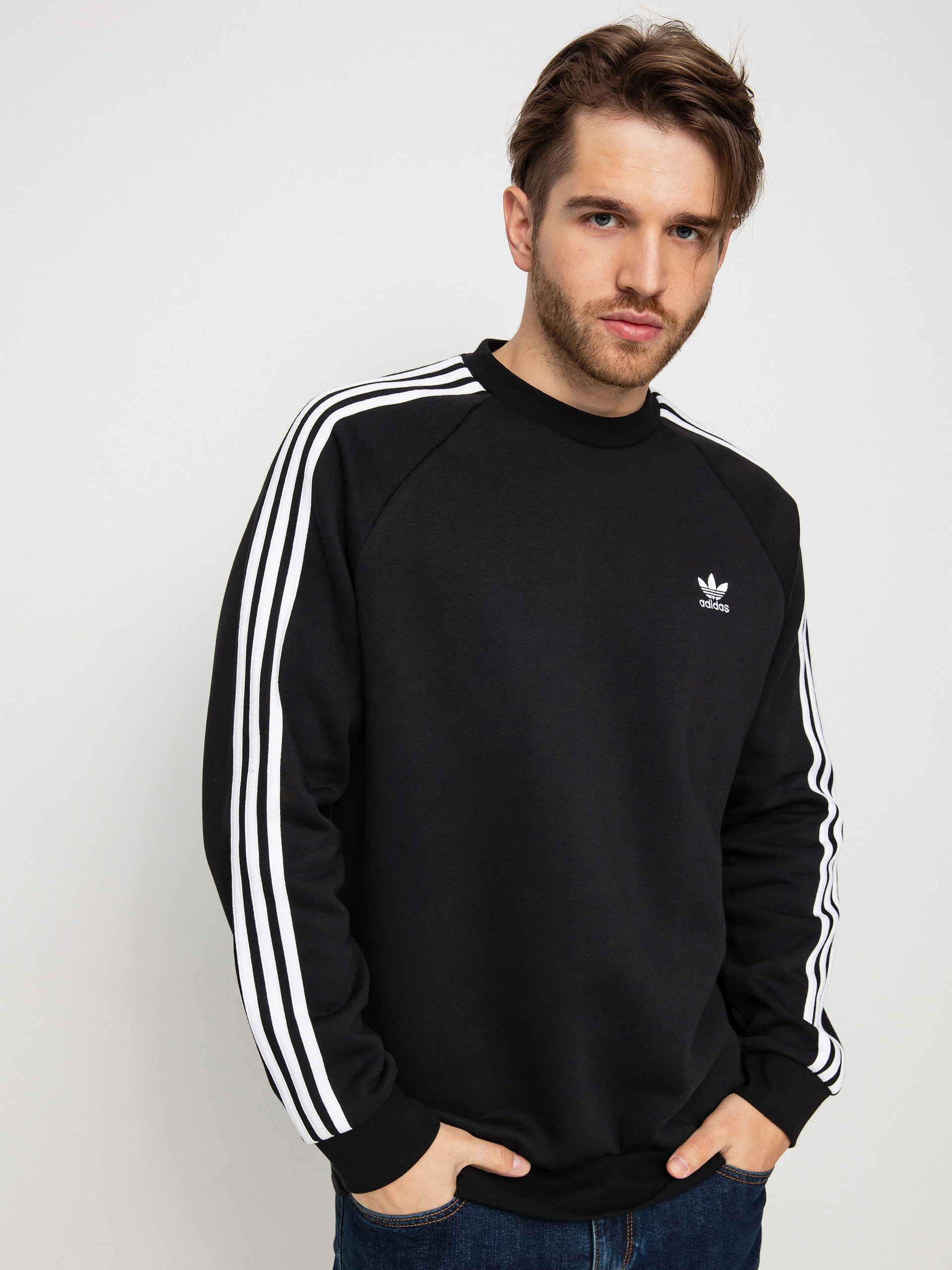 Black adidas sweatshirt with white stripes best sale