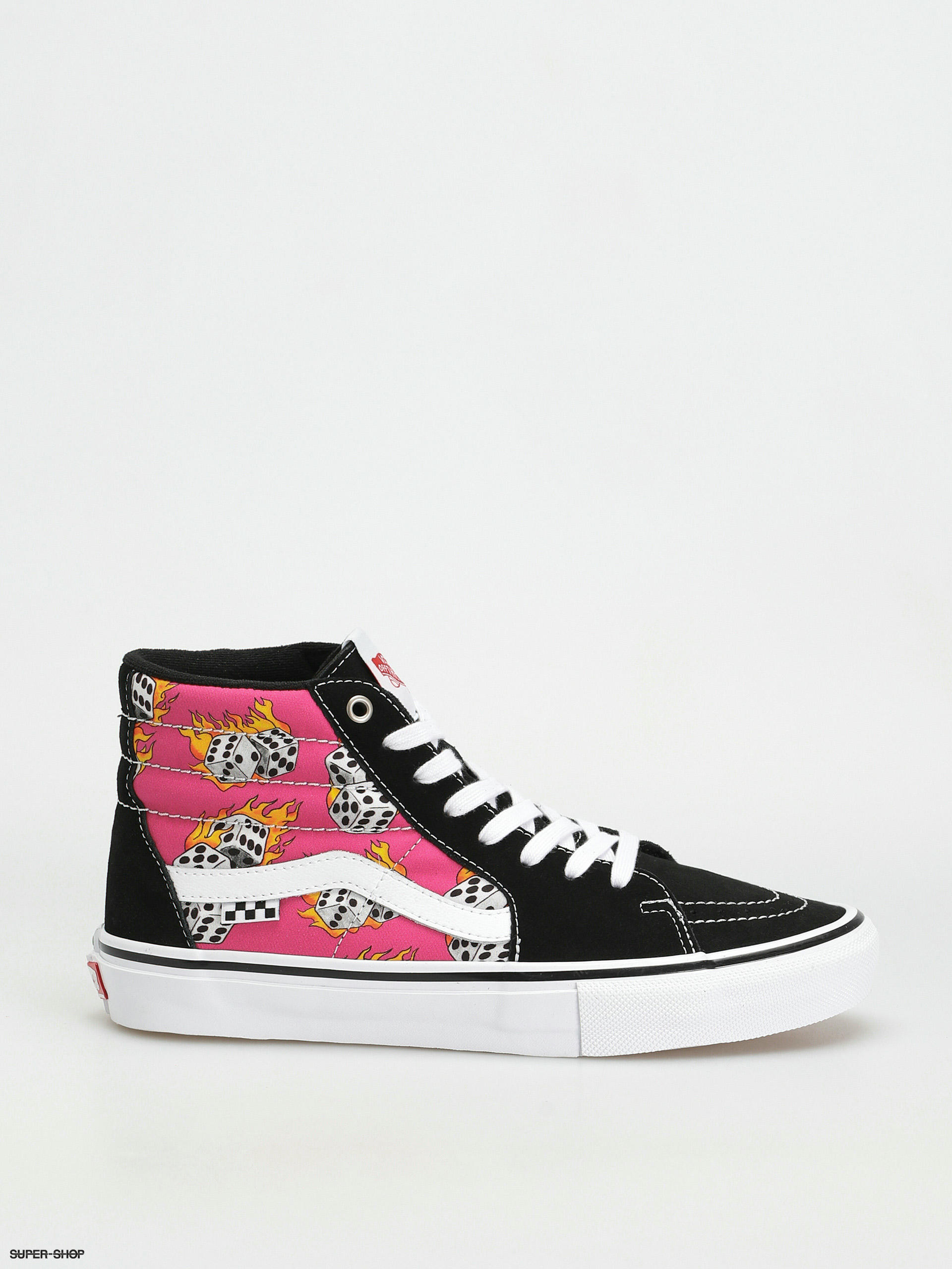 Black and pink store high top vans