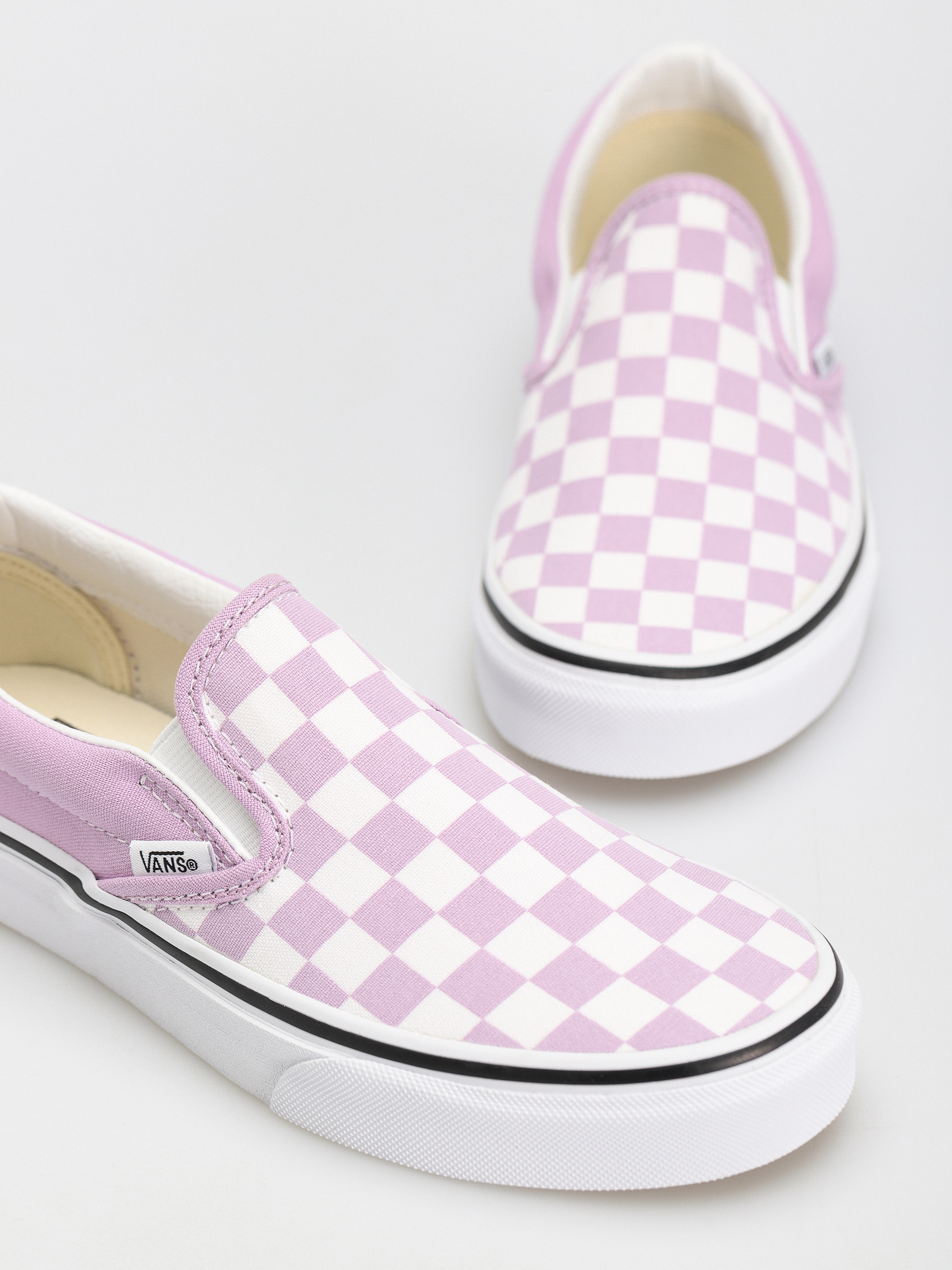 Vans Classic Slip On Shoes pink color theory checkerboard lupine