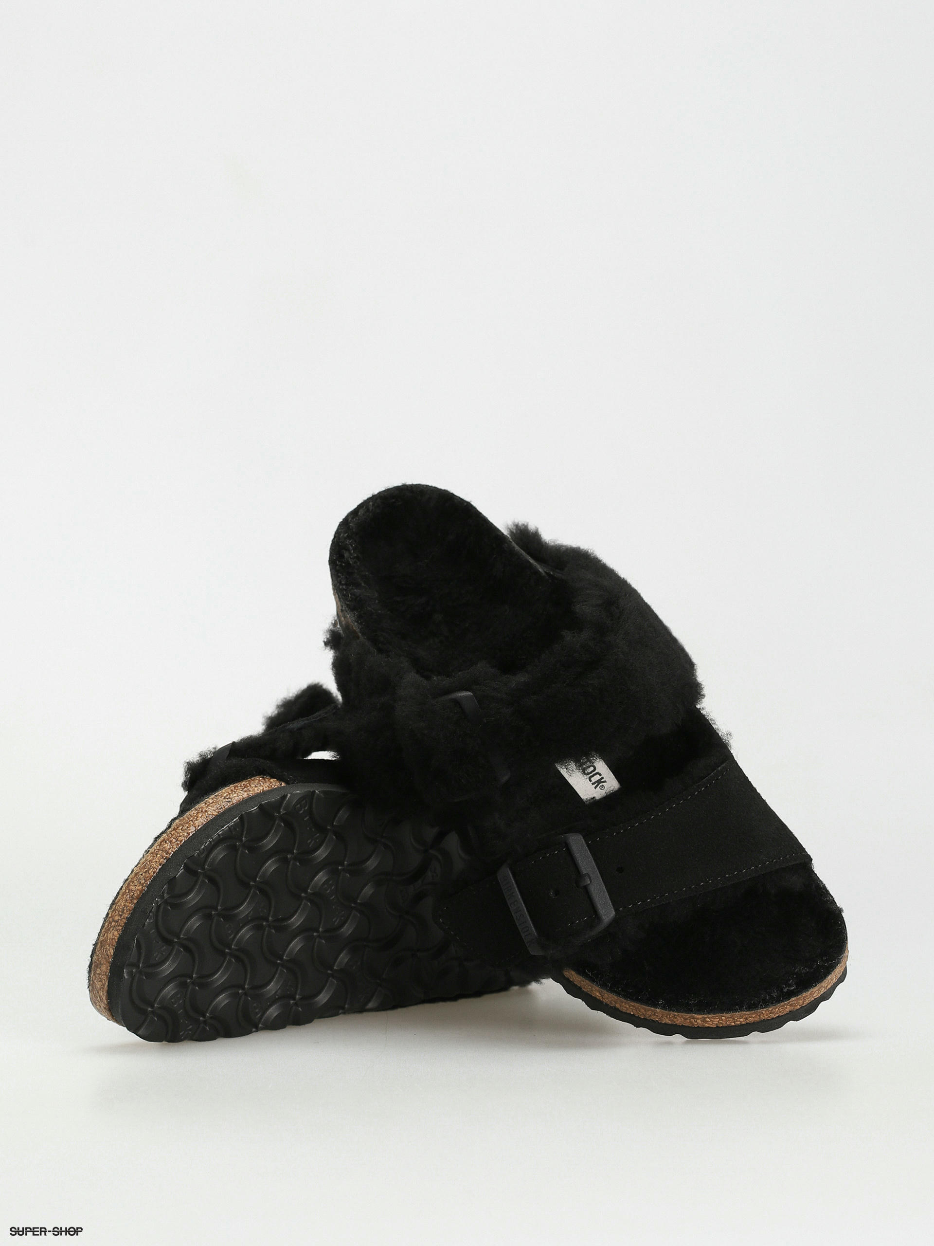 Birkenstock Arizona Split Teddy Parts Rivet Logo Suede Leather Fur Narrow Flip flops Wmn black