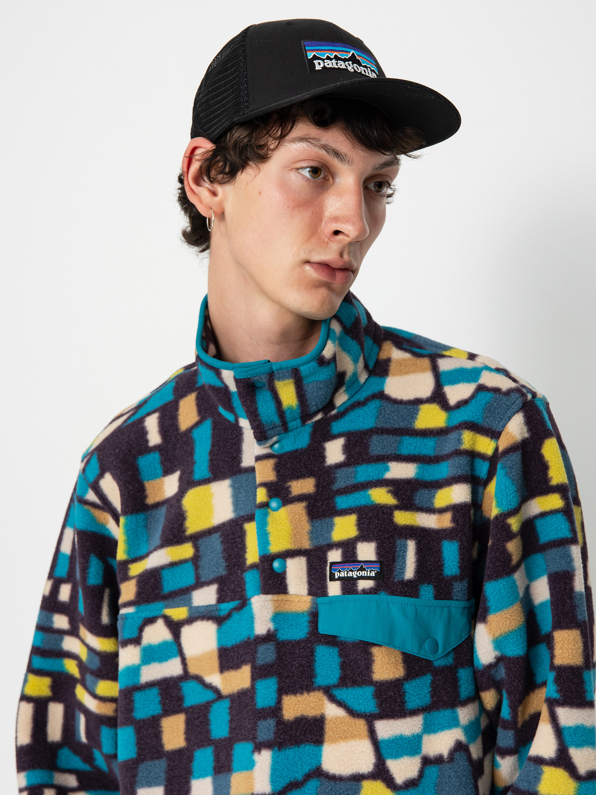 Mens Patagonia Lightweight Synchilla Snap T Fleece  (fitz roy patchwork/belay blue)